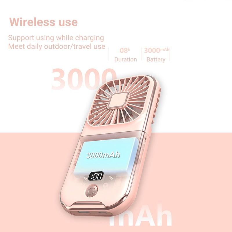 Mini Portable Outdoor Hand Fan Hanging Neck Fan USB Charging 3000mAh Battery Powered 180° 4 Adjustable Speed