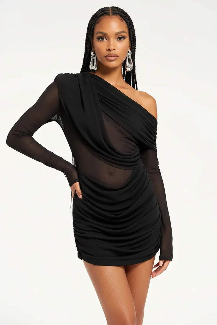 Elegant Mesh Long Sleeve Backless Mini Dress