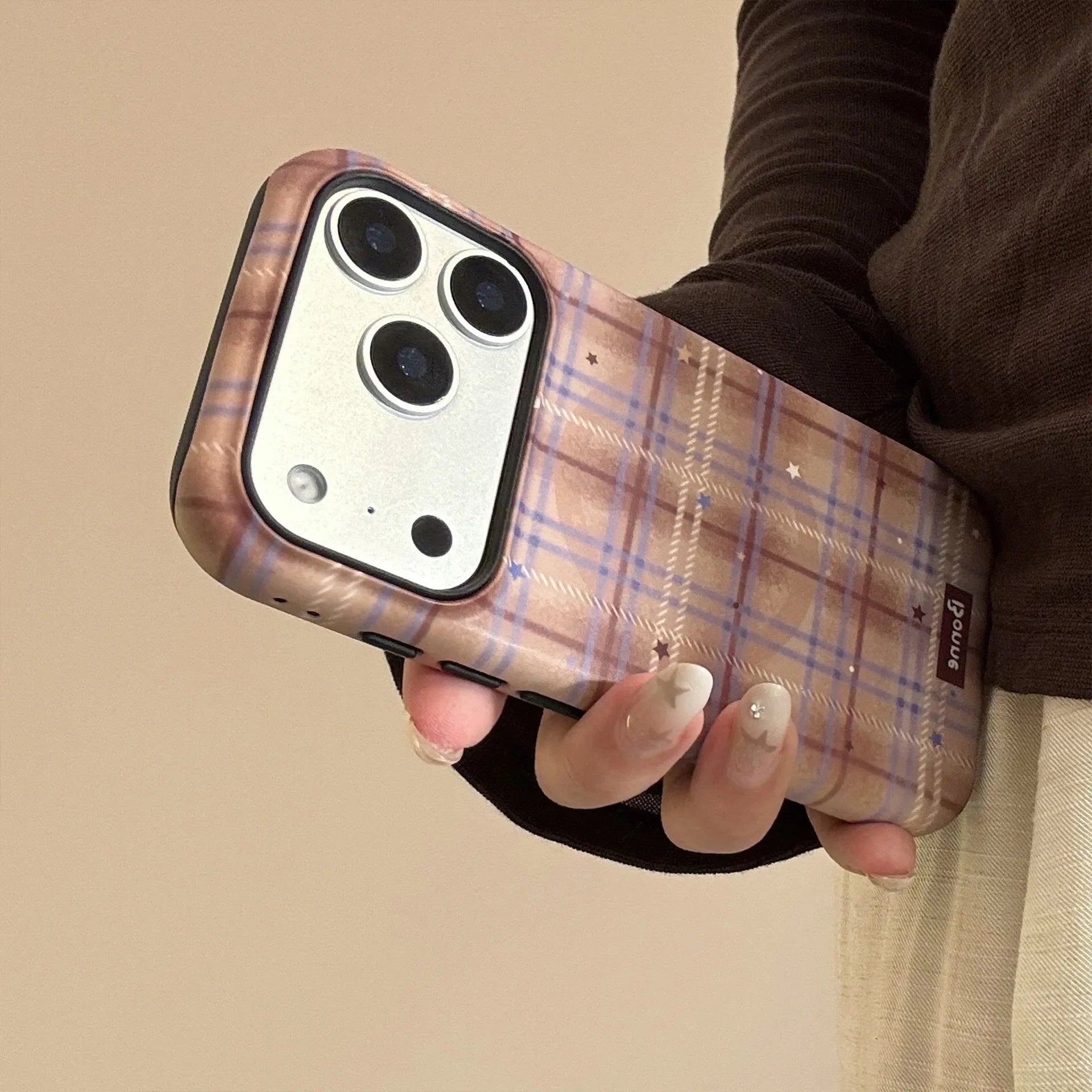 Cute Grid Pattern Cartoon Puppy Bracket Magnetic Phone Case For iPhone