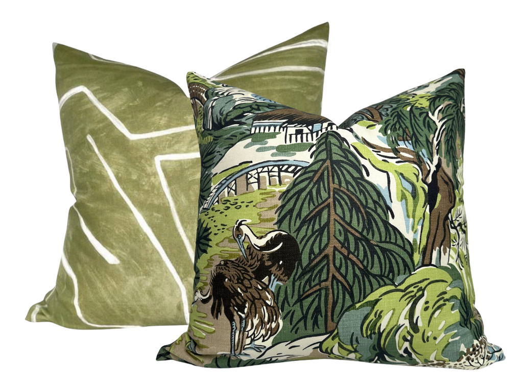 Pagoda Pillow Cover in Green + Brown, Thibaut Pillows