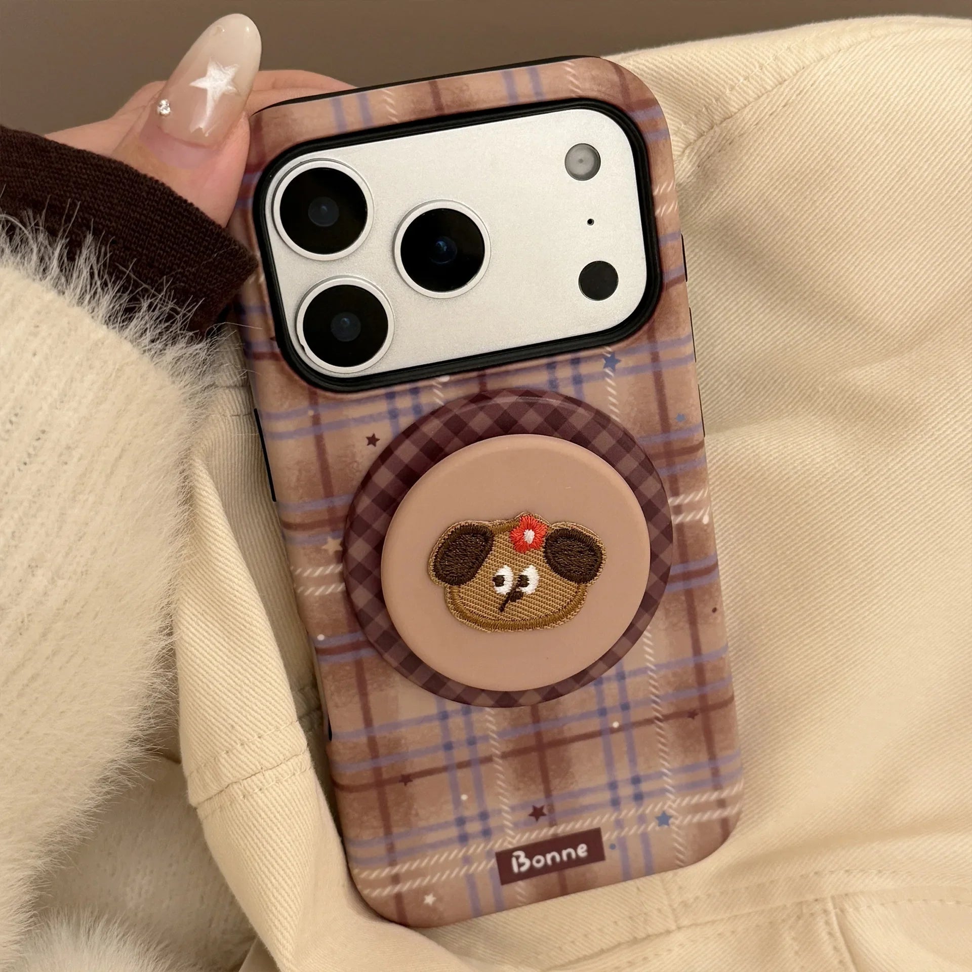 Cute Grid Pattern Cartoon Puppy Bracket Magnetic Phone Case For iPhone