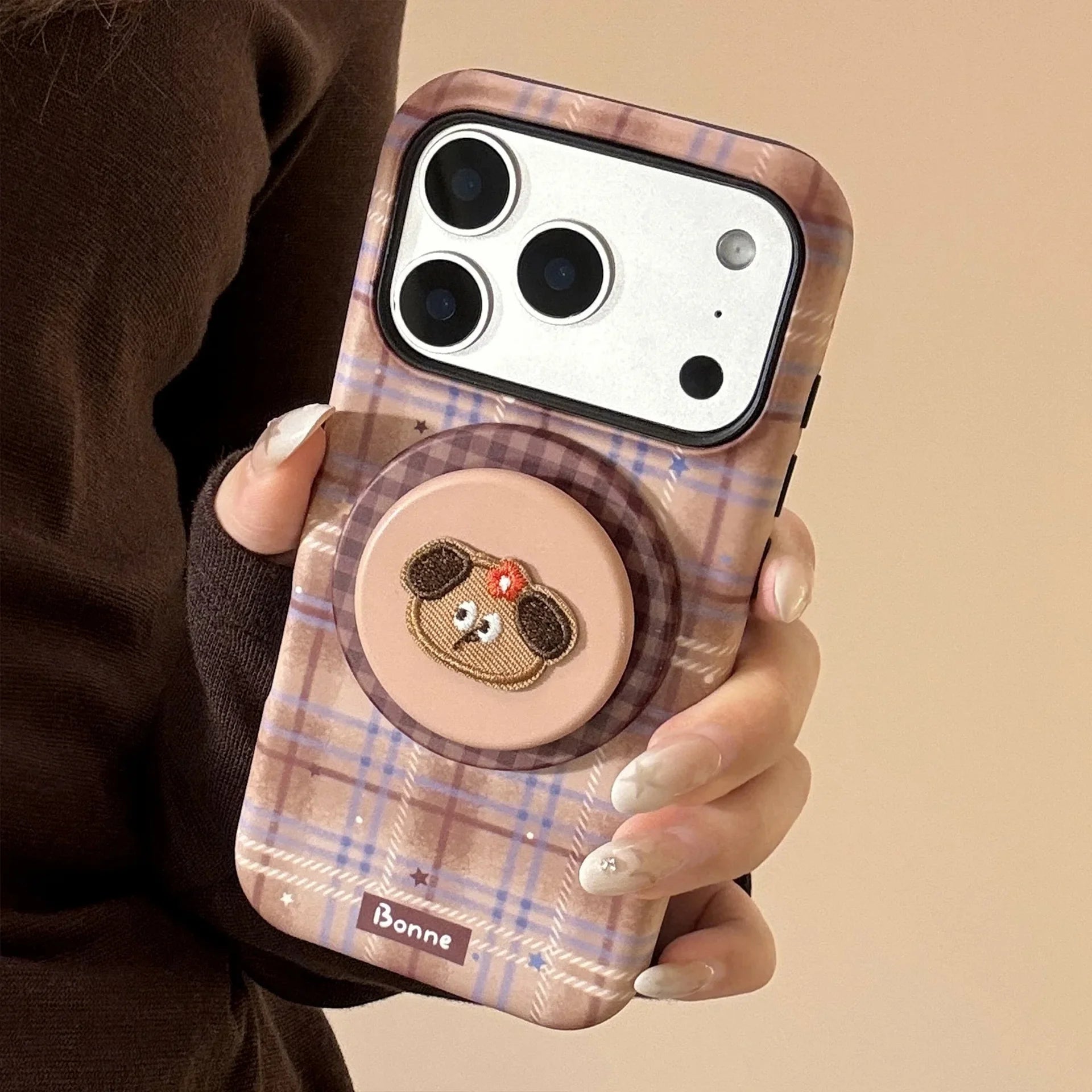 Cute Grid Pattern Cartoon Puppy Bracket Magnetic Phone Case For iPhone