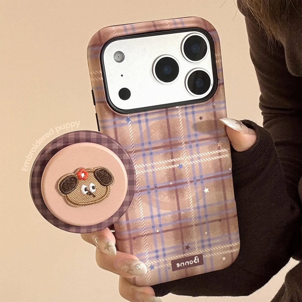 Cute Grid Pattern Cartoon Puppy Bracket Magnetic Phone Case For iPhone