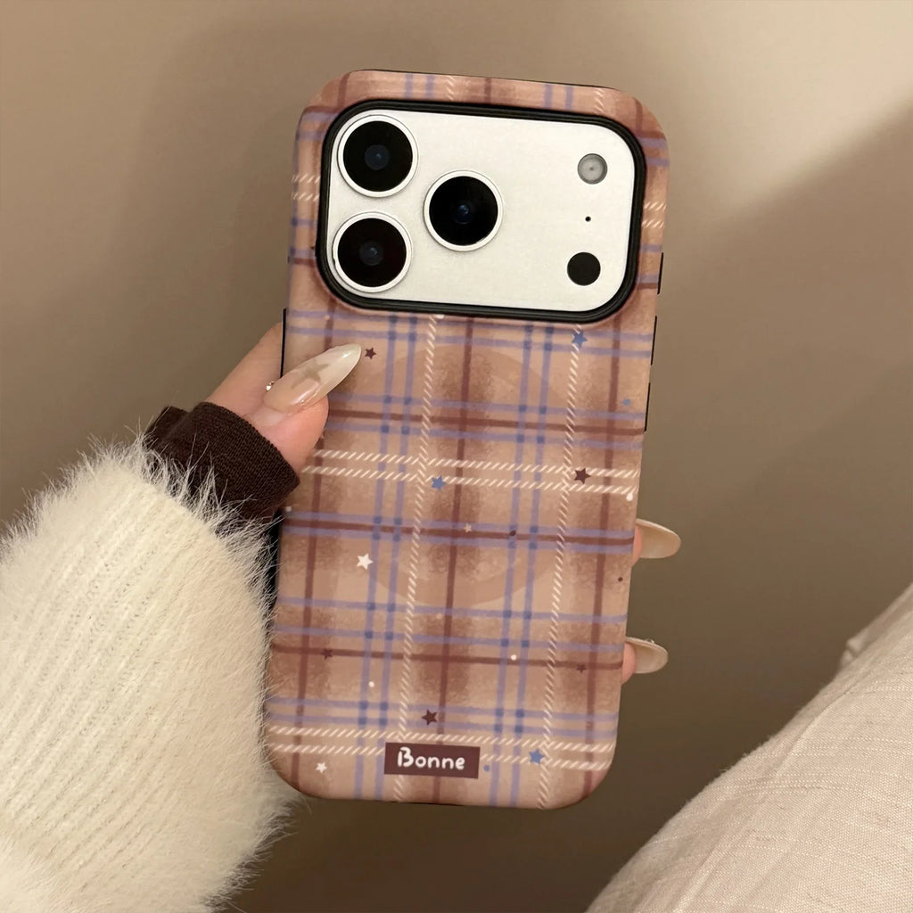 Cute Grid Pattern Cartoon Puppy Bracket Magnetic Phone Case For iPhone
