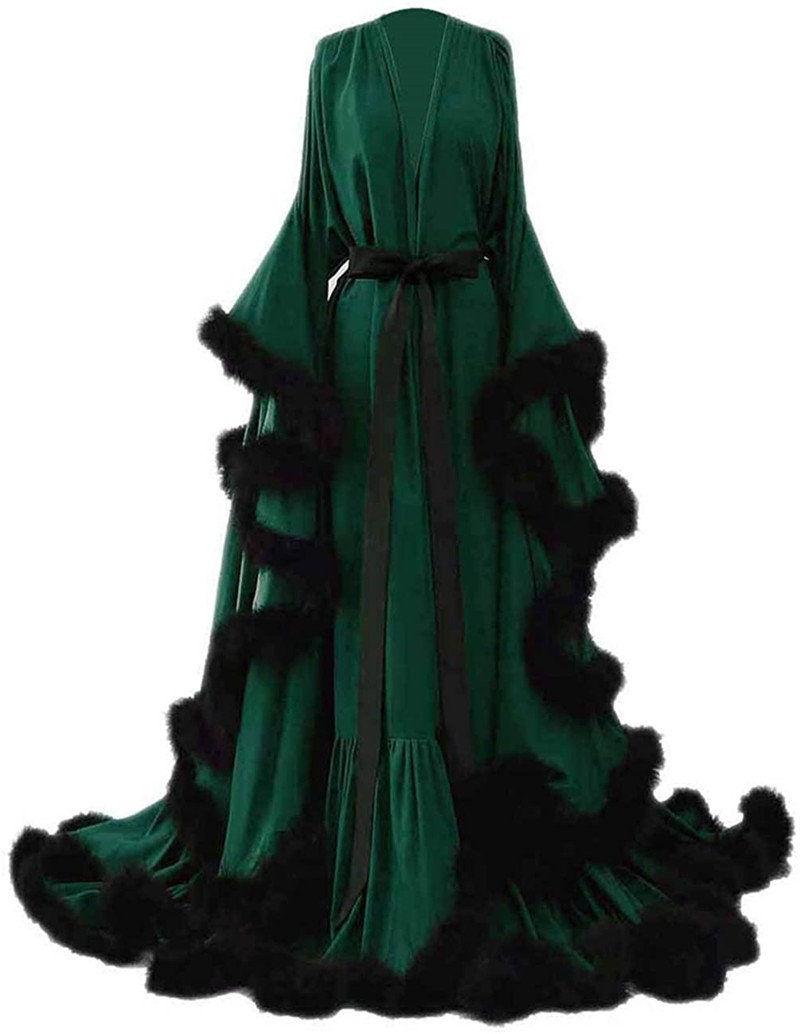 Silky Satin Feather Fringe Hem Long Robe (Victorian Style) - next day shipping selective colors