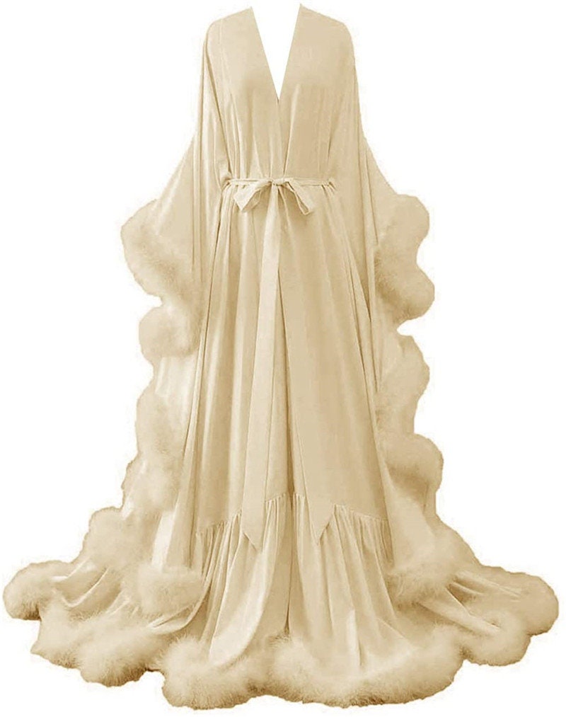 Silky Satin Feather Fringe Hem Long Robe (Victorian Style) - next day shipping selective colors