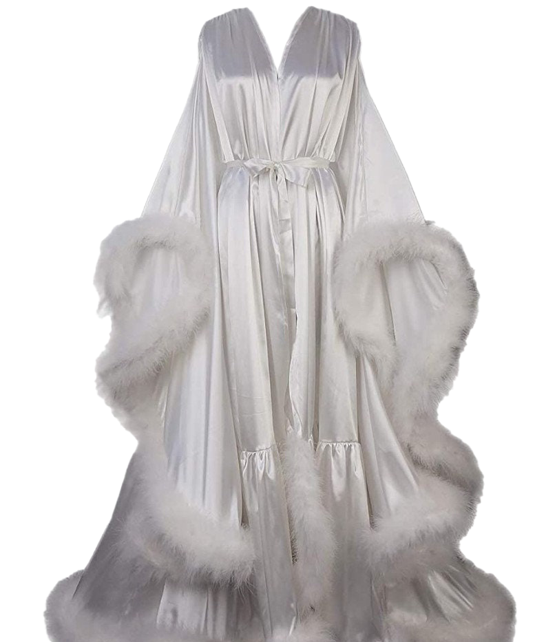 Silky Satin Feather Fringe Hem Long Robe (Victorian Style) - next day shipping selective colors