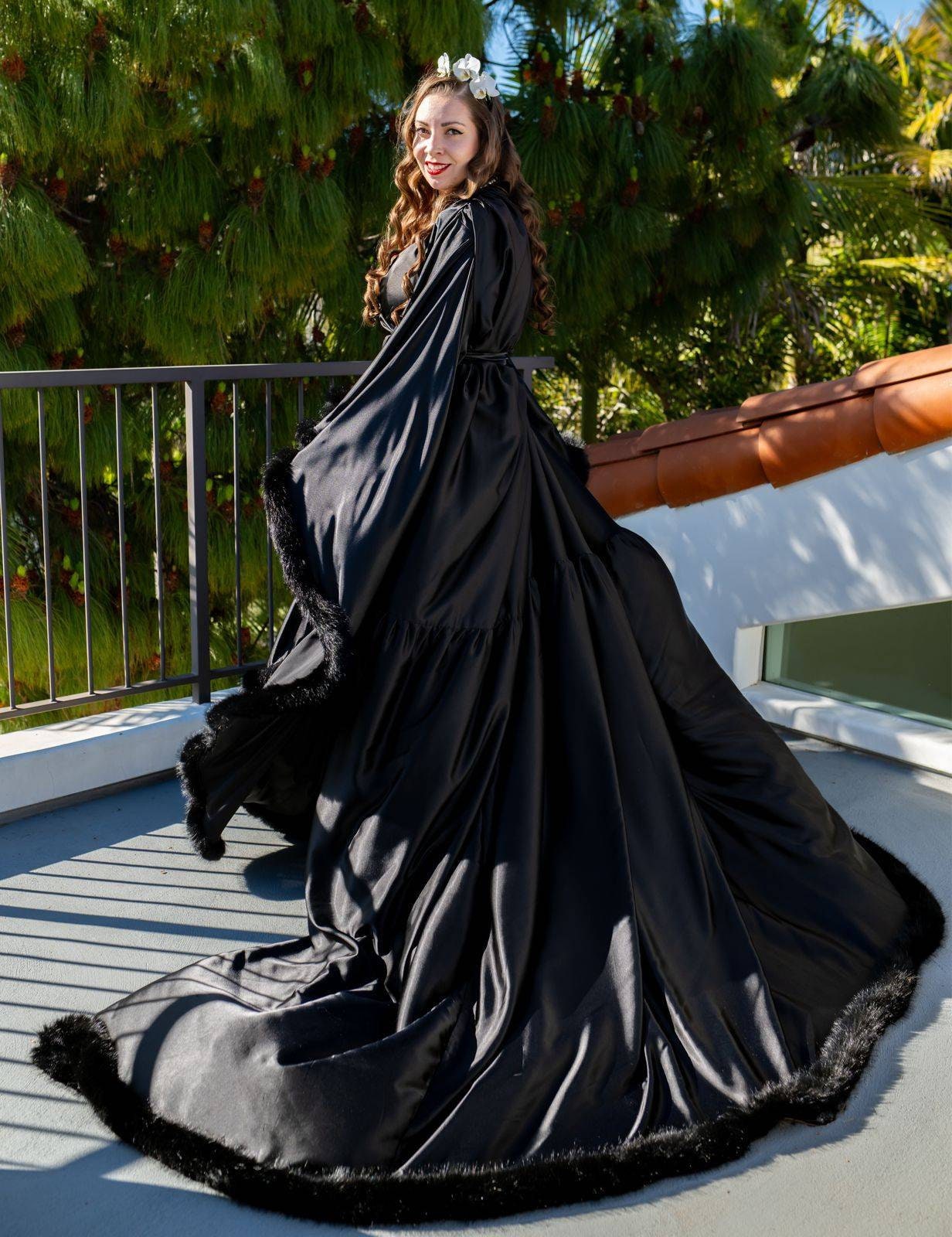 Silky Satin Feather Fringe Hem Long Robe (Victorian Style) - next day shipping selective colors