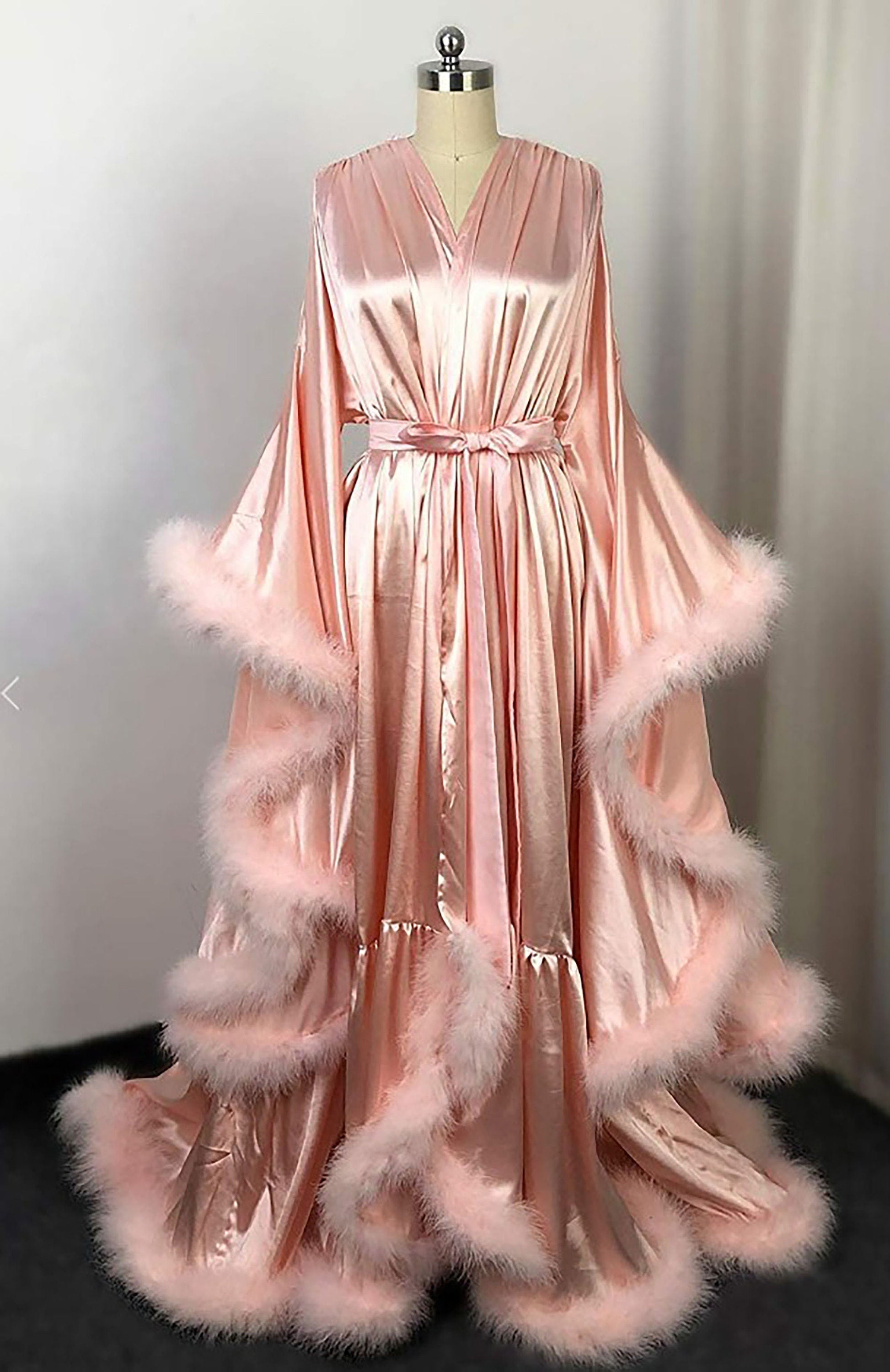 Silky Satin Feather Fringe Hem Long Robe (Victorian Style) - next day shipping selective colors