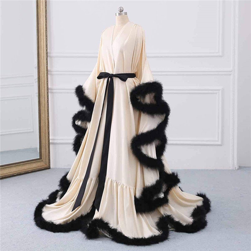 Silky Satin Feather Fringe Hem Long Robe (Victorian Style) - next day shipping selective colors
