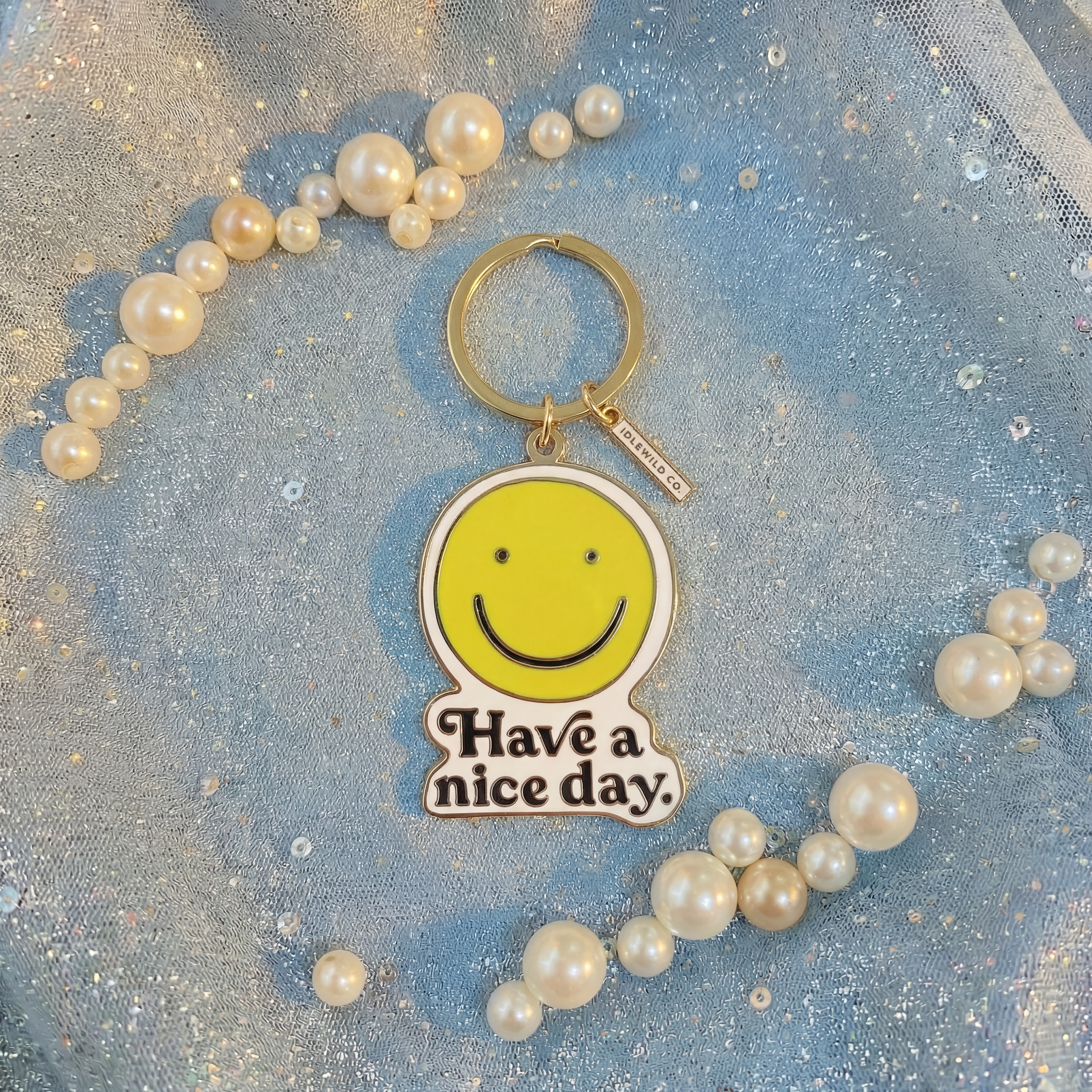 Smiley "Have a Nice Day" Brass and Enamel Keychain | Emoji Face Key Ring Holder