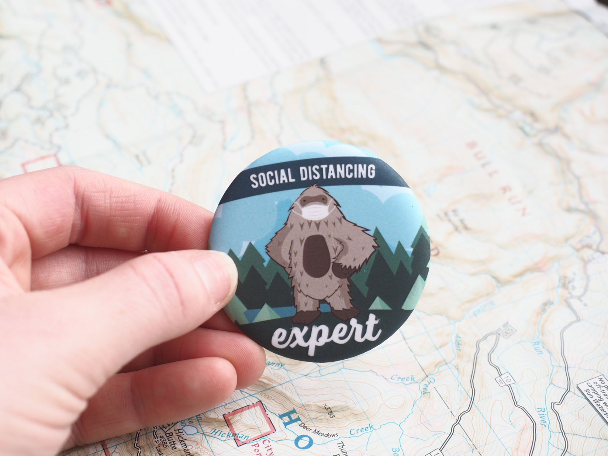 Social Distancing Bigfoot Pinback Button 2.25"