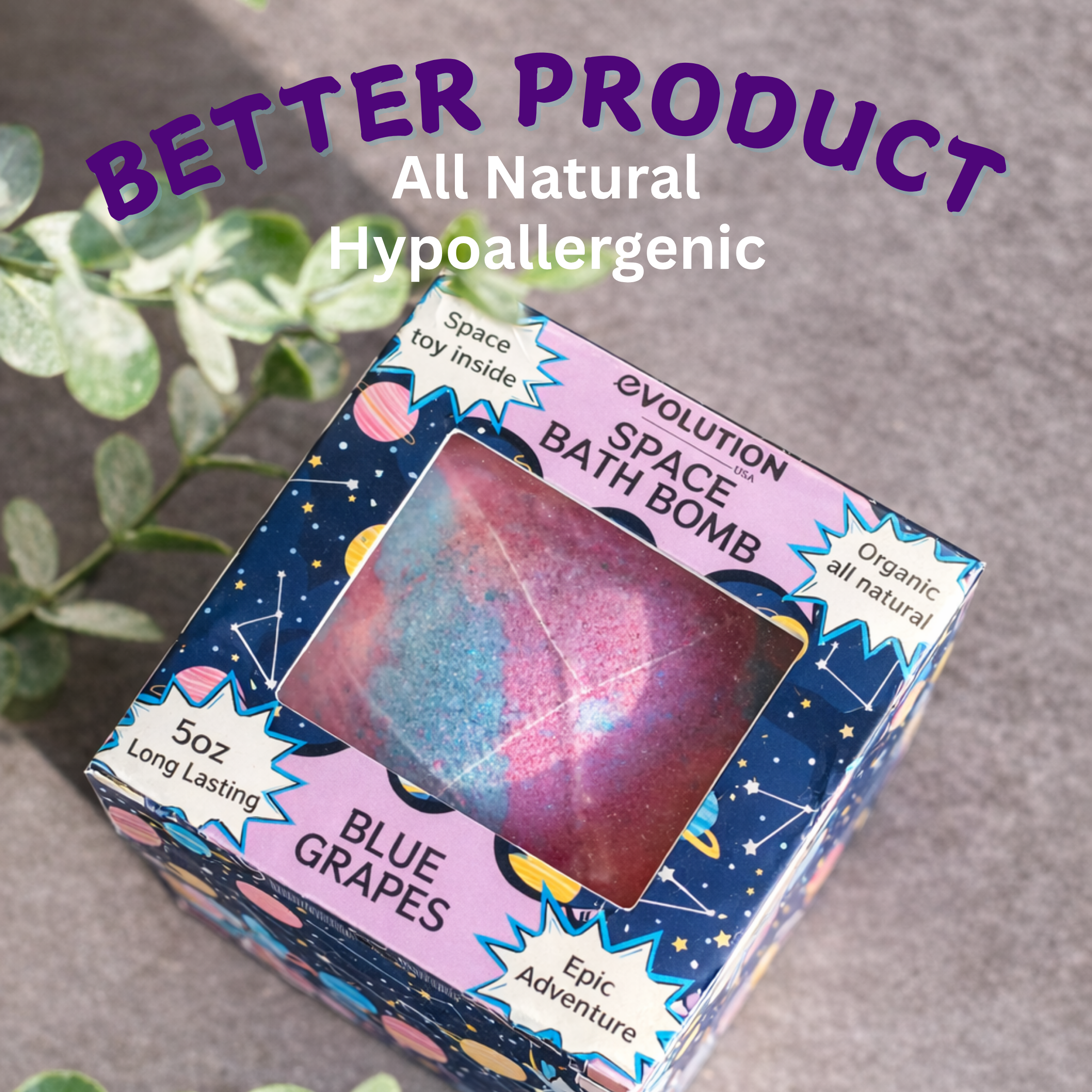 EvolutionUSA 1pc Space Bath Bomb for Boys & Girls, Planet Bath Ball with Toy Hidden Inside, Organic Hypoallerganic Childrens Bathbomb, Cosmic Fun Space Surprise, Gift Set Birthday, Valentines, Easter
