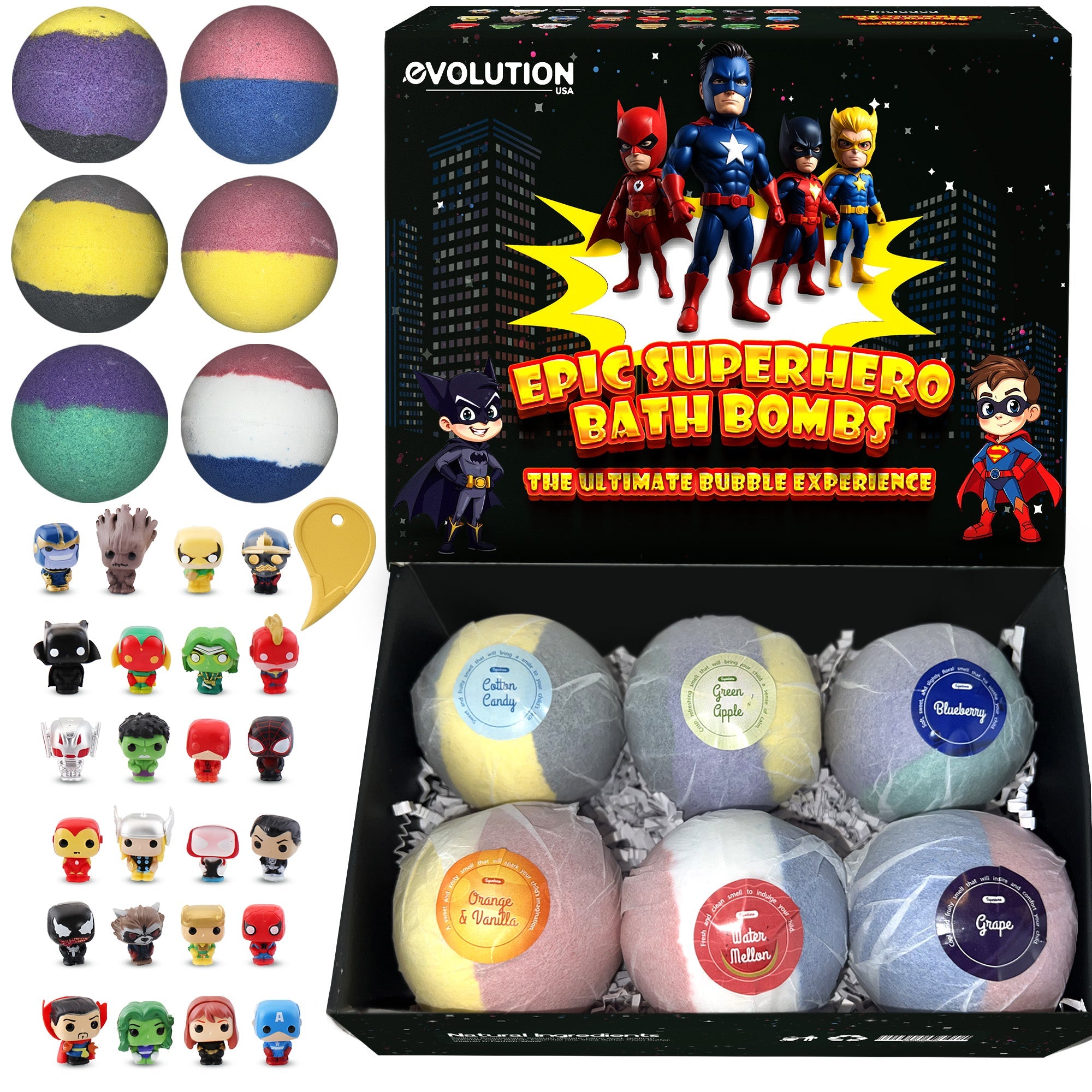 EvolutionUSA 6pc Epic Superhero Bath Bombs for Kids – Childrens Super Hero Bath Bombs with Toy, Organic Bathbomb with Surprise, Fizzy Superhero Bath Balls, Lush Bathbombs Easter, Valentines, Birthday