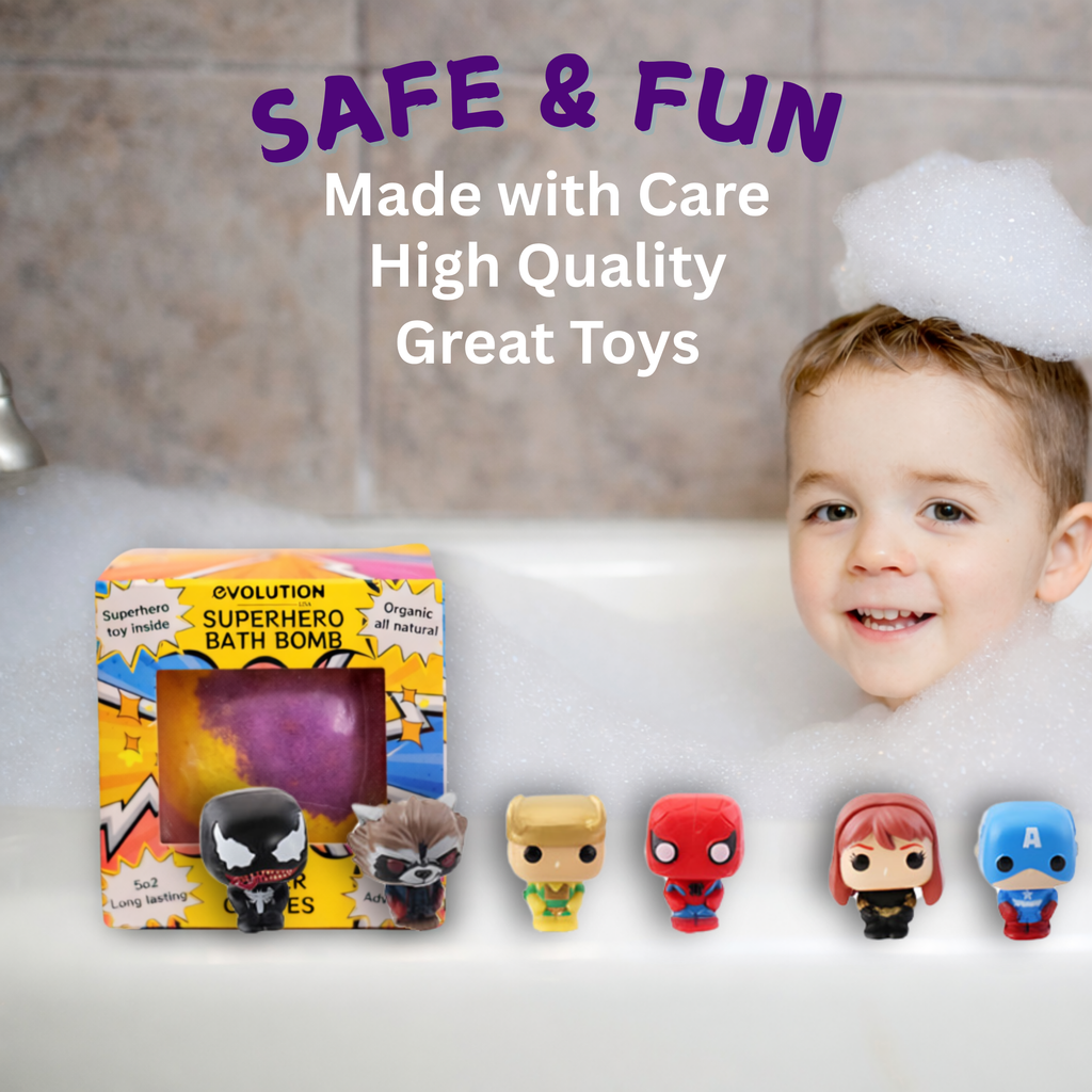 EvolutionUSA 1pc Epic Superhero Bath Bombs for Kids – Super Hero Bath Bomb with Toy Inside, Lush Children Bathbomb Easter, Organic Bathbomb with Surprise Inside, Fun Superhero Bath Fizzer Valentines