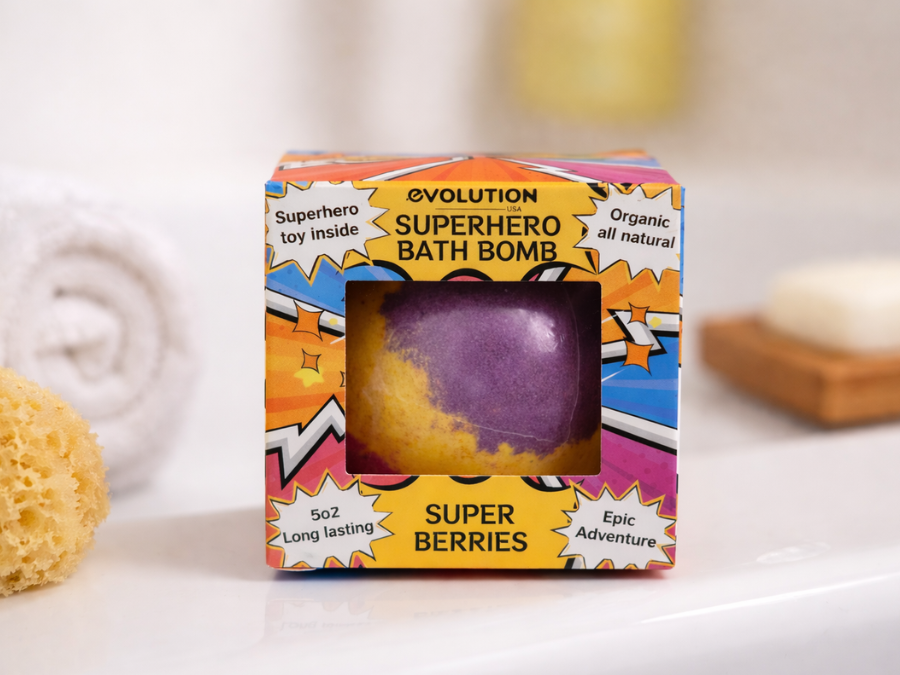 EvolutionUSA 1pc Epic Superhero Bath Bombs for Kids – Super Hero Bath Bomb with Toy Inside, Lush Children Bathbomb Easter, Organic Bathbomb with Surprise Inside, Fun Superhero Bath Fizzer Valentines