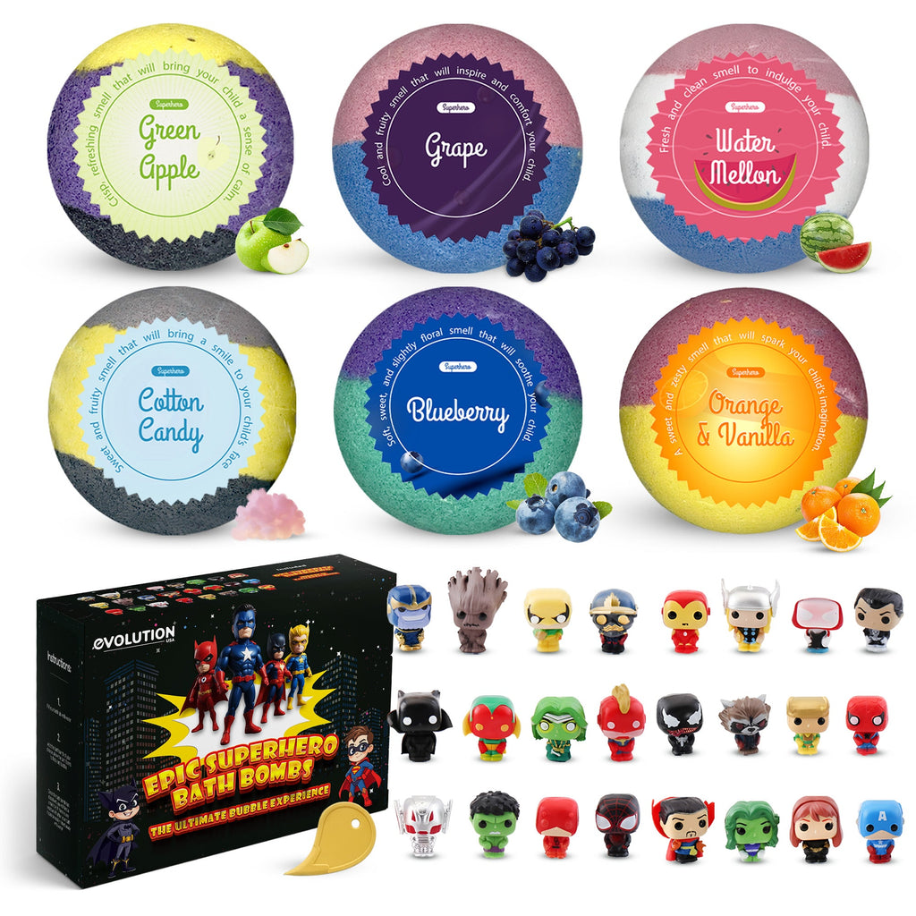EvolutionUSA 6pc Epic Superhero Bath Bombs for Kids – Childrens Super Hero Bath Bombs with Toy, Organic Bathbomb with Surprise, Fizzy Superhero Bath Balls, Lush Bathbombs Easter, Valentines, Birthday