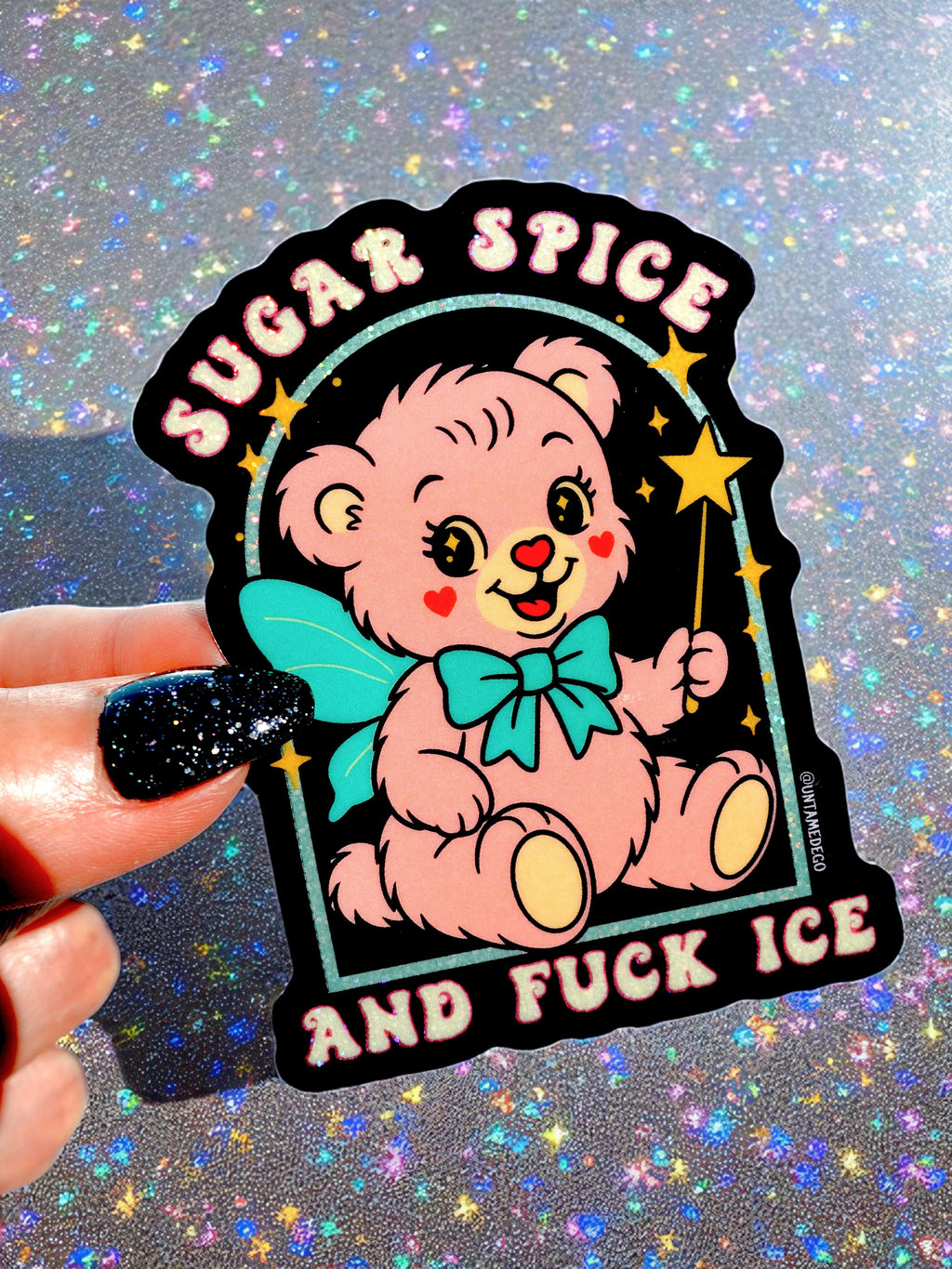 Sugar Spice and Fuck ICE Sticker – Retro Kawaii Bear Protest Vinyl Sticker – Anti-ICE Political Statement – Cute but Revolutionary Vinyl Sticker