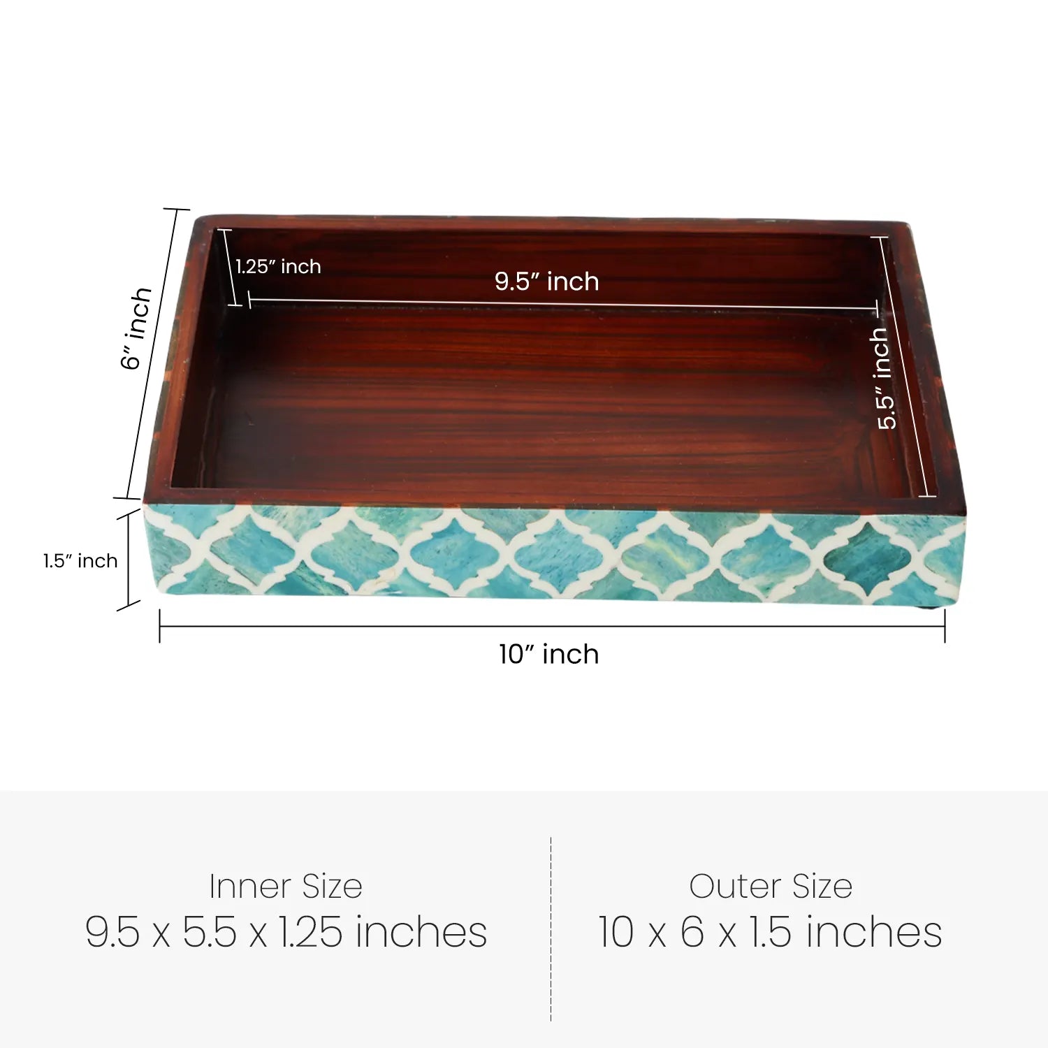 Vanity Trays Moroccan Pattern Bone & Resin Inlay, Green & White, 10" x 6"