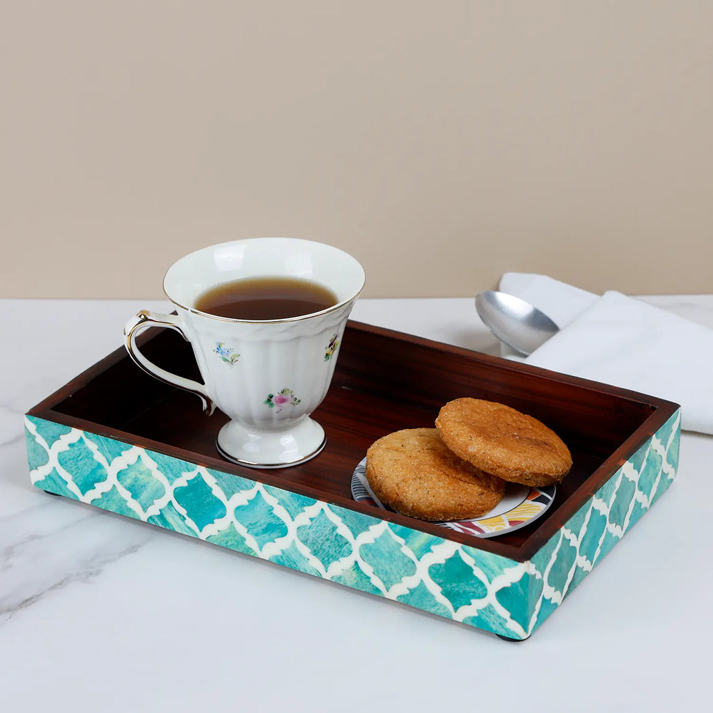 Vanity Trays Moroccan Pattern Bone & Resin Inlay, Green & White, 10" x 6"