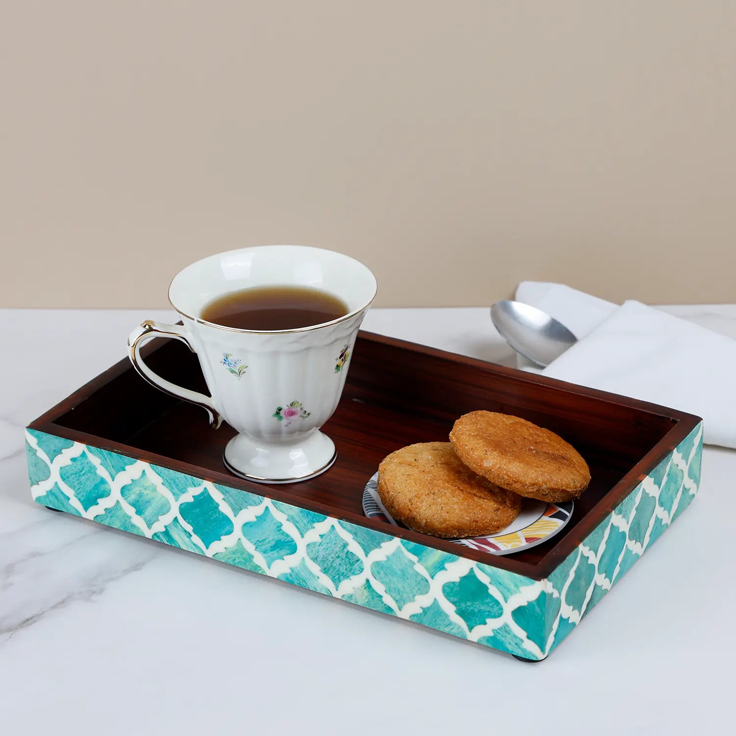 Vanity Trays Moroccan Pattern Bone & Resin Inlay, Green & White, 10" x 6"