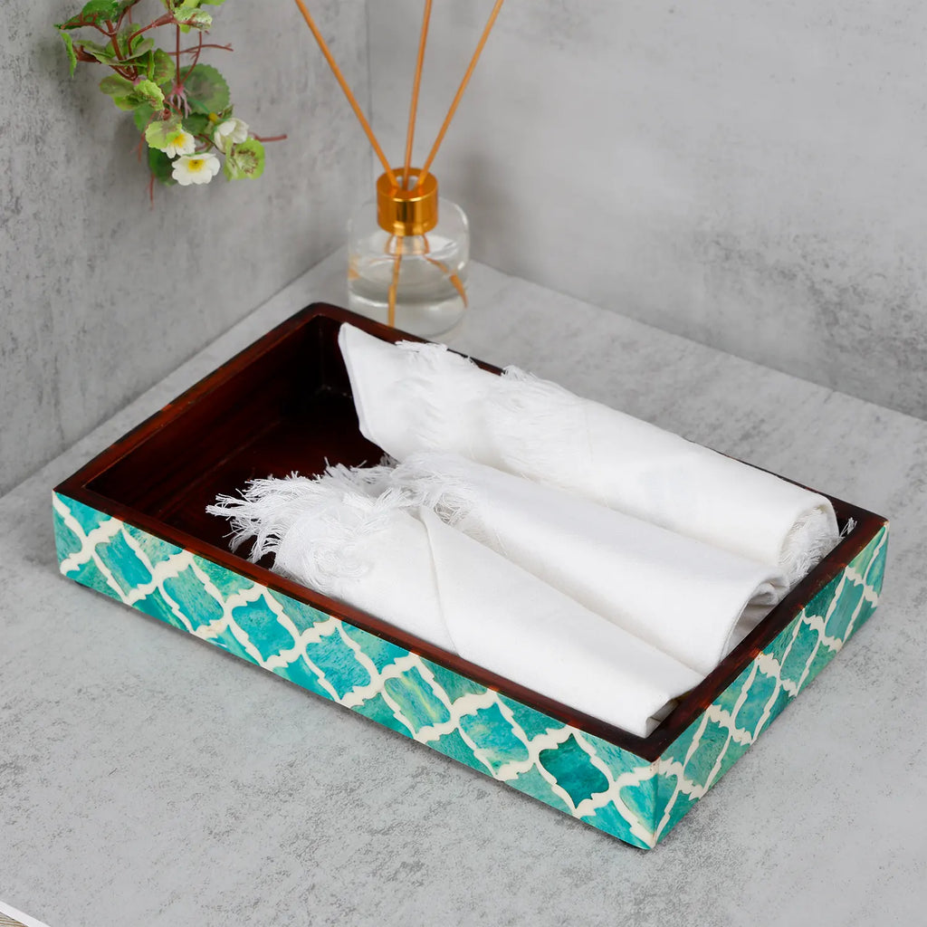 Vanity Trays Moroccan Pattern Bone & Resin Inlay, Green & White, 10" x 6"