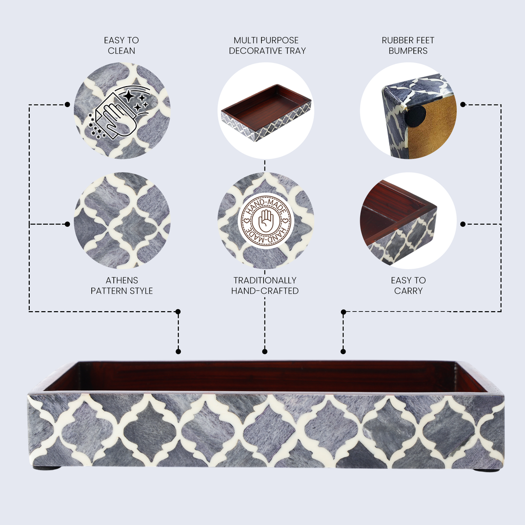 Vanity Trays Moroccan Pattern Bone & Resin Inlay, Grey & White, 10" x 6"
