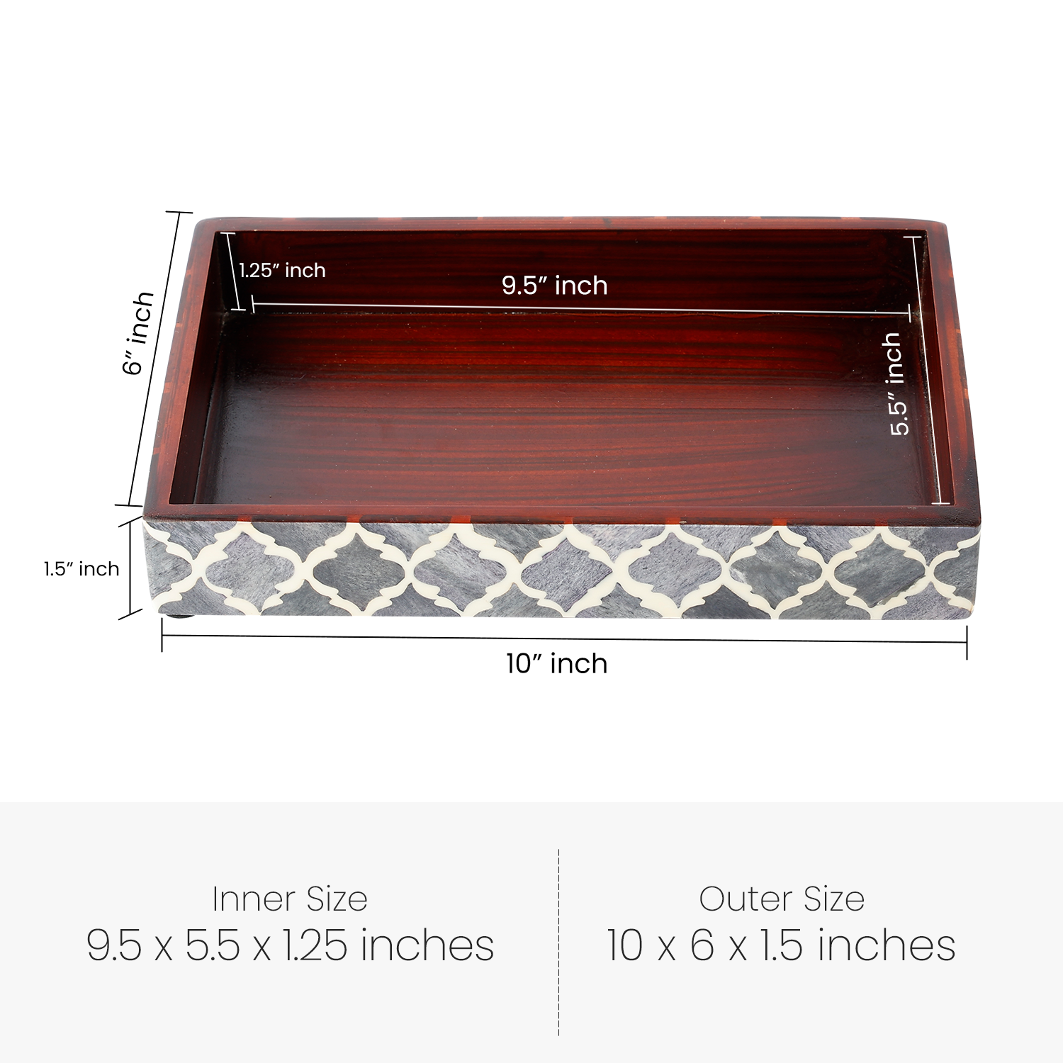 Vanity Trays Moroccan Pattern Bone & Resin Inlay, Grey & White, 10" x 6"