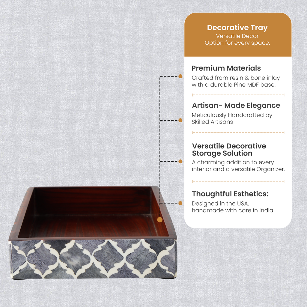 Vanity Trays Moroccan Pattern Bone & Resin Inlay, Grey & White, 10" x 6"