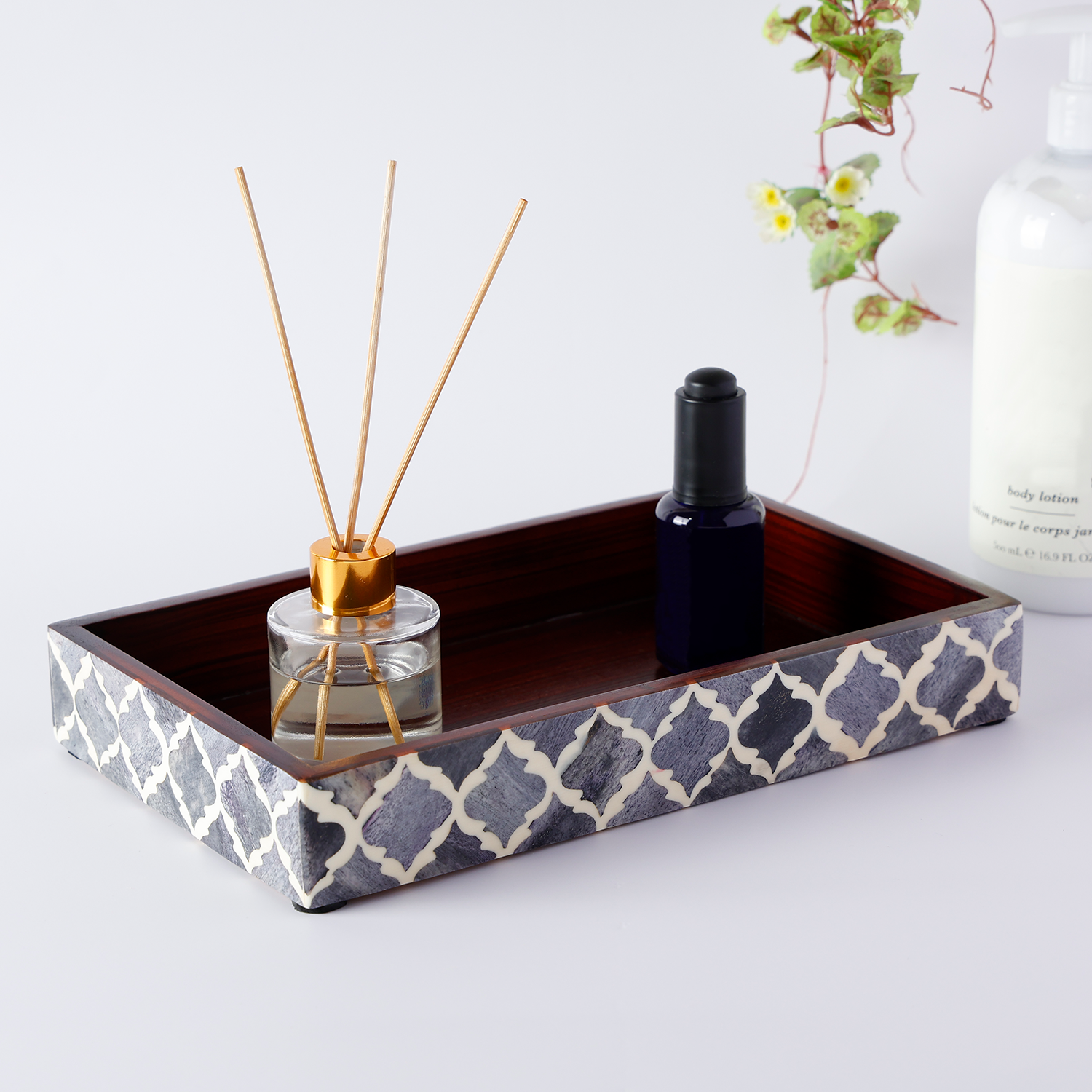 Vanity Trays Moroccan Pattern Bone & Resin Inlay, Grey & White, 10" x 6"