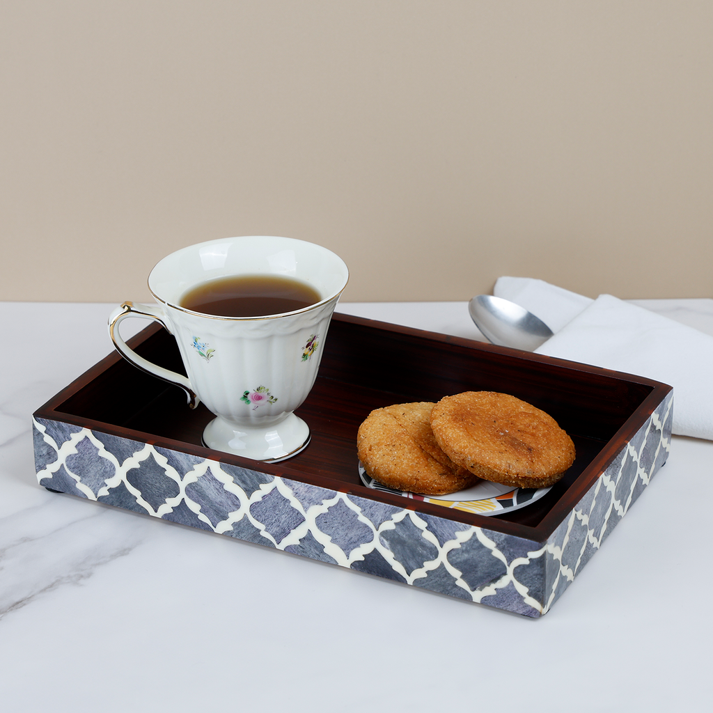 Vanity Trays Moroccan Pattern Bone & Resin Inlay, Grey & White, 10" x 6"
