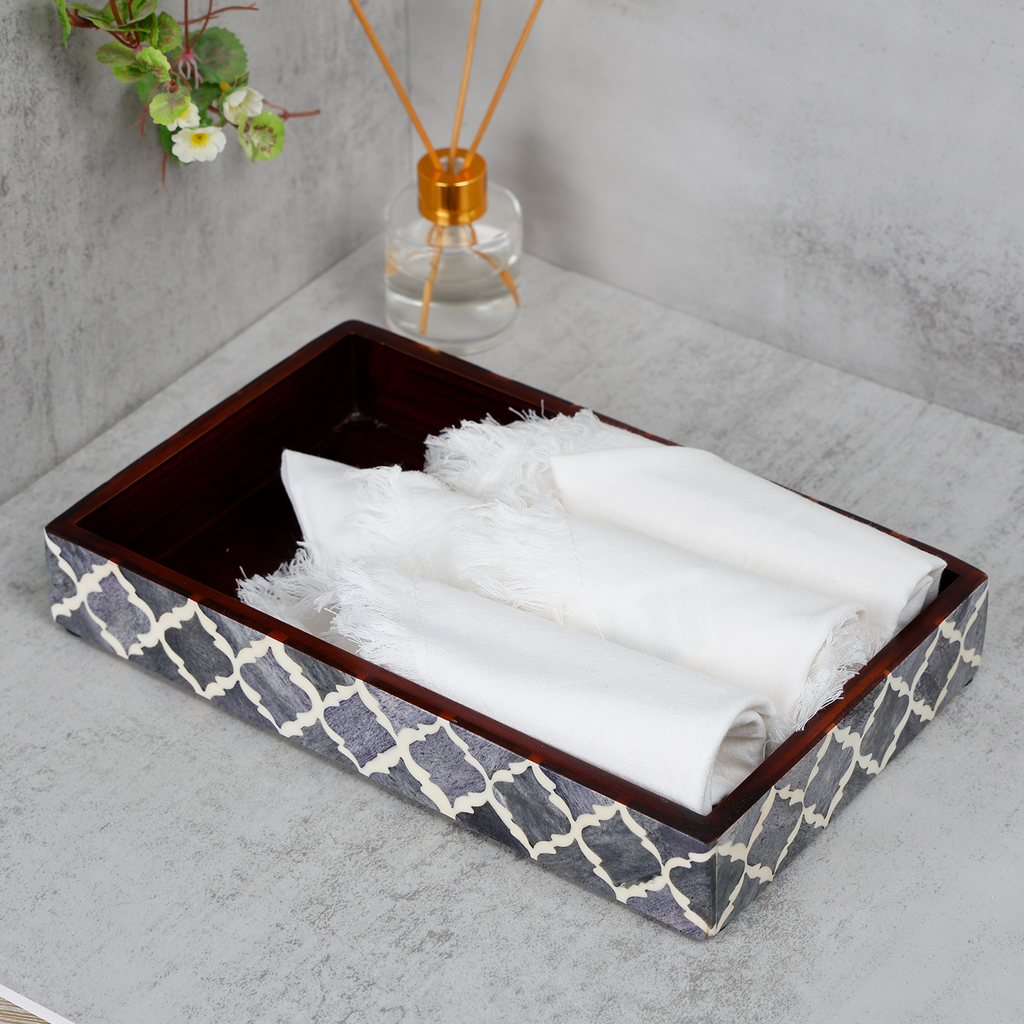 Vanity Trays Moroccan Pattern Bone & Resin Inlay, Grey & White, 10" x 6"