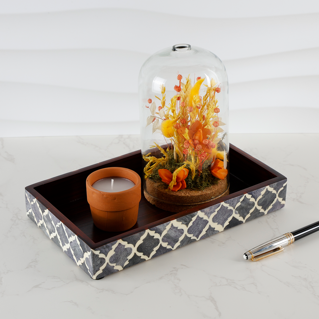 Vanity Trays Moroccan Pattern Bone & Resin Inlay, Grey & White, 10" x 6"