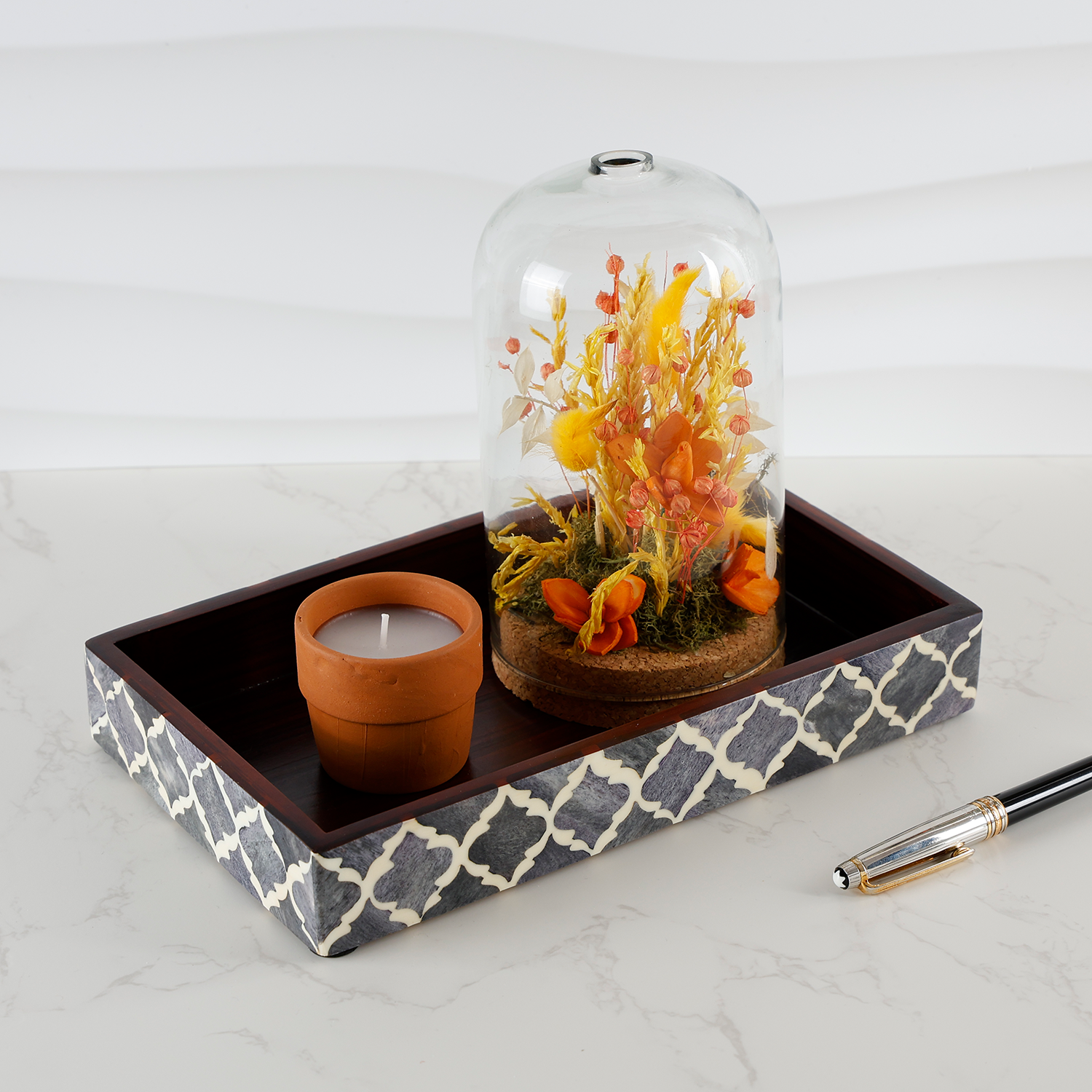 Vanity Trays Moroccan Pattern Bone & Resin Inlay, Grey & White, 10" x 6"