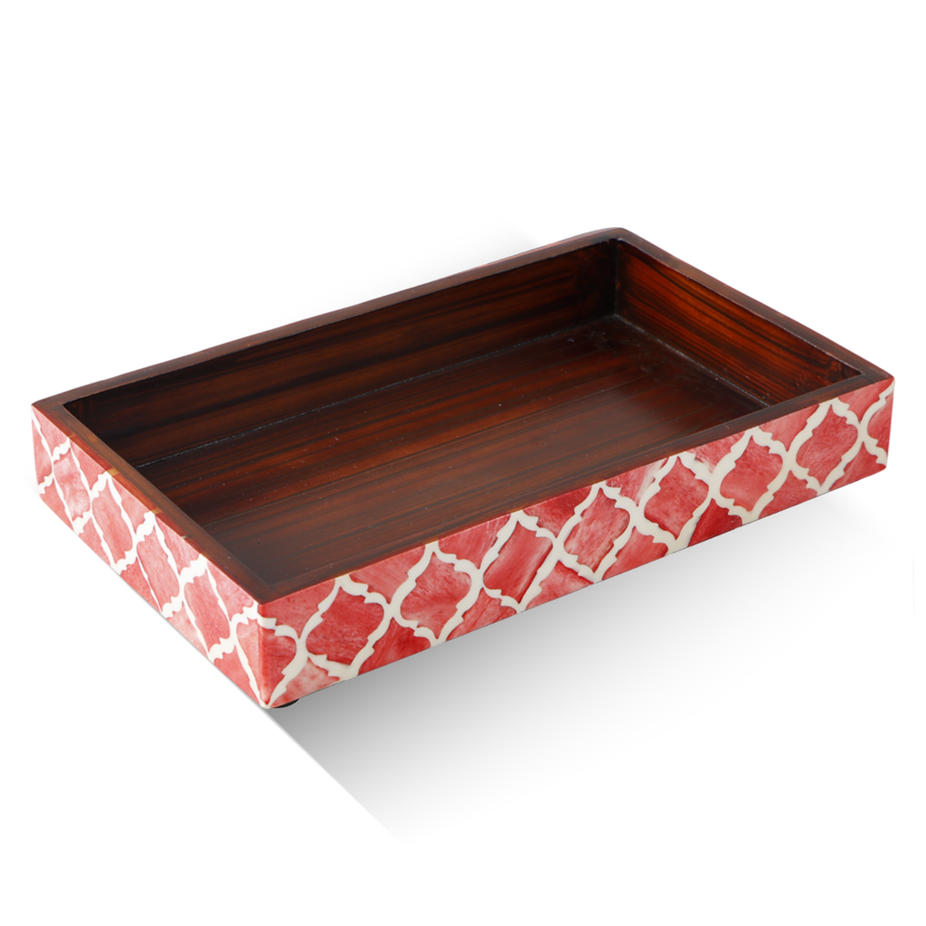 Vanity Trays Moroccan Pattern Bone & Resin inlay, Red & White, 10" x 6"