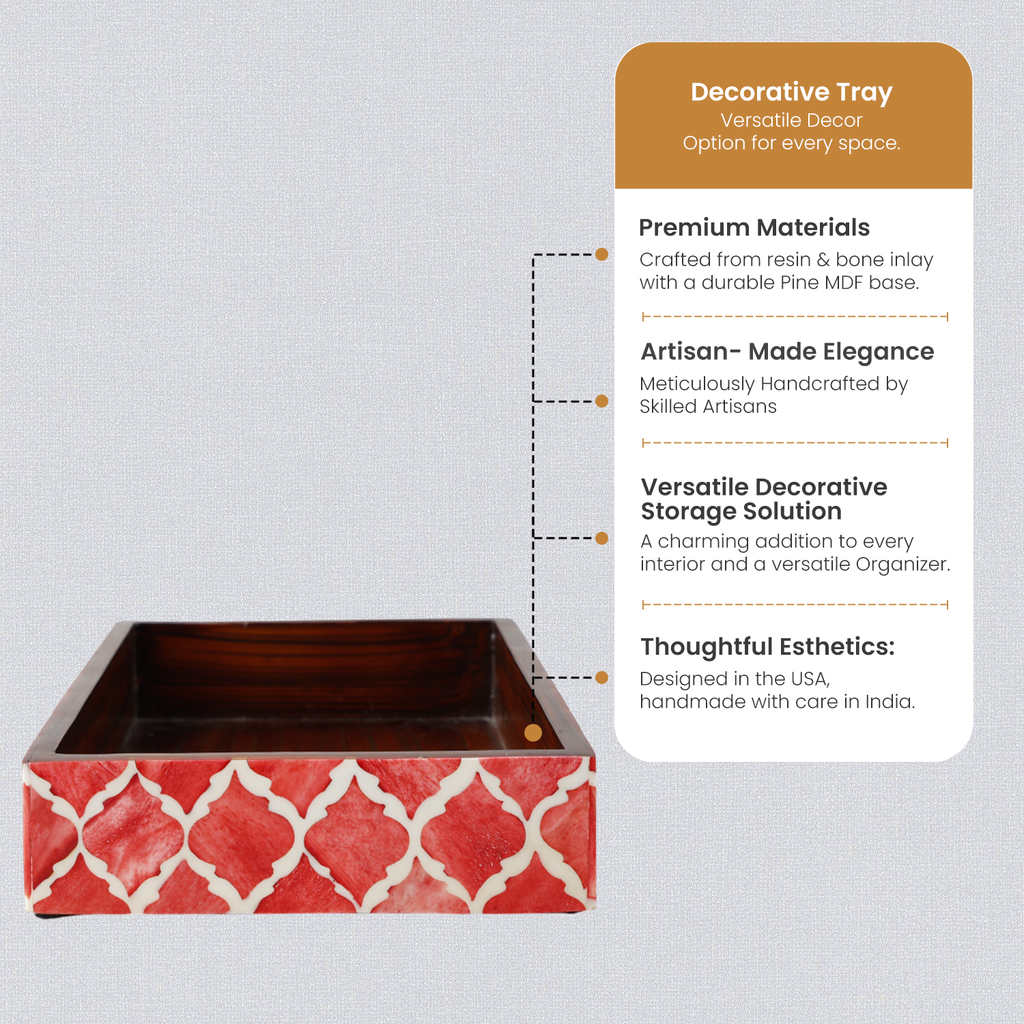 Vanity Trays Moroccan Pattern Bone & Resin inlay, Red & White, 10" x 6"