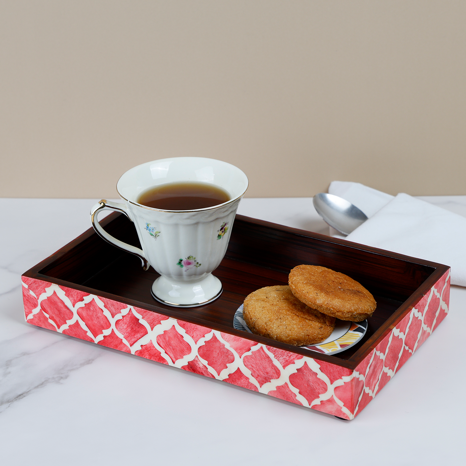 Vanity Trays Moroccan Pattern Bone & Resin inlay, Red & White, 10" x 6"