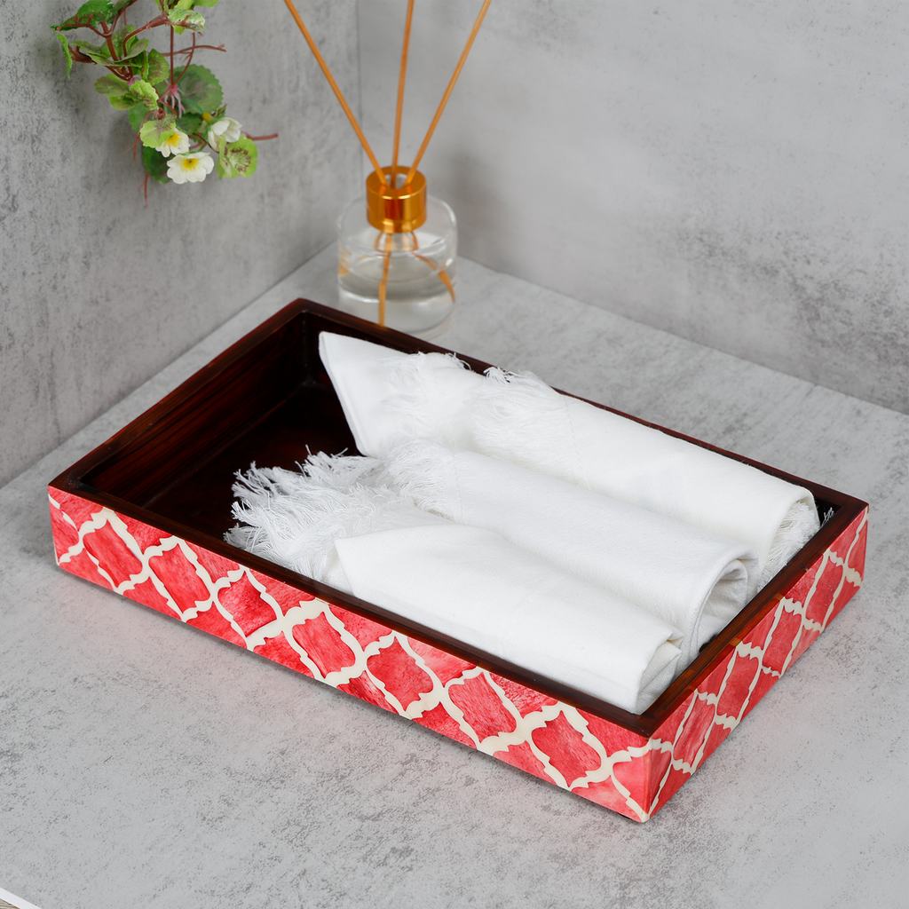 Vanity Trays Moroccan Pattern Bone & Resin inlay, Red & White, 10" x 6"