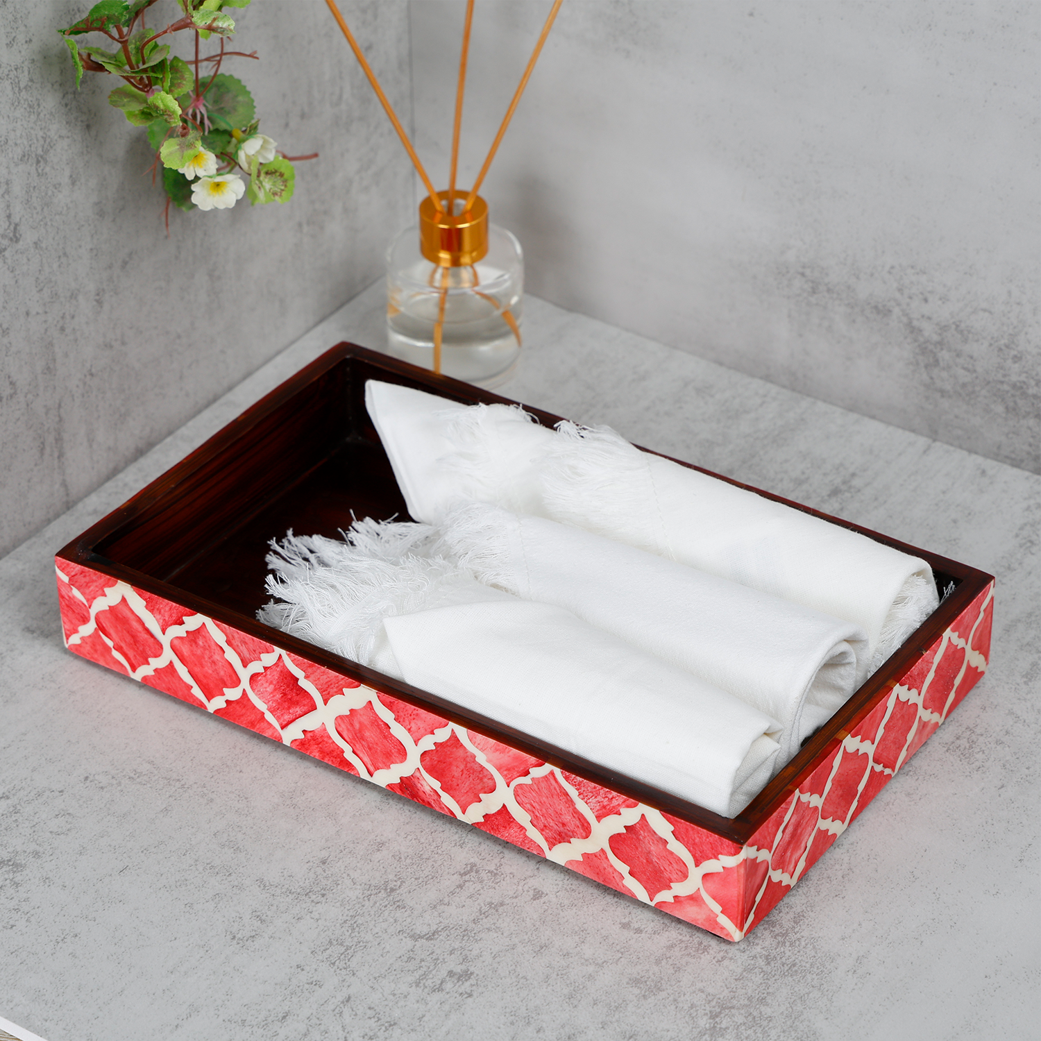 Vanity Trays Moroccan Pattern Bone & Resin inlay, Red & White, 10" x 6"