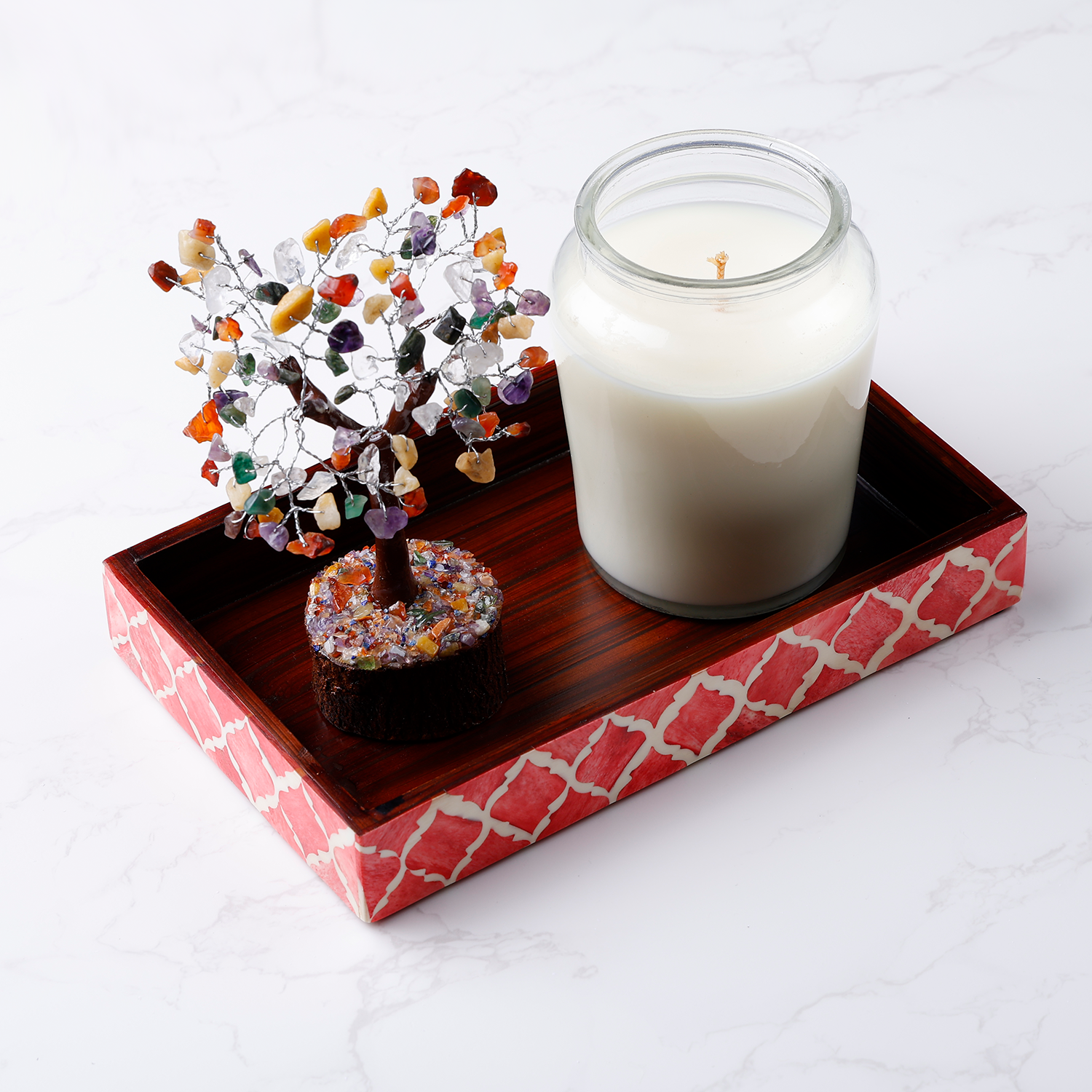 Vanity Trays Moroccan Pattern Bone & Resin inlay, Red & White, 10" x 6"