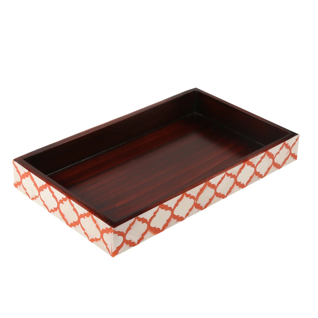 Vanity Trays Moroccan Pattern Bone & Resin inlay, White & Red, 10" x 6"