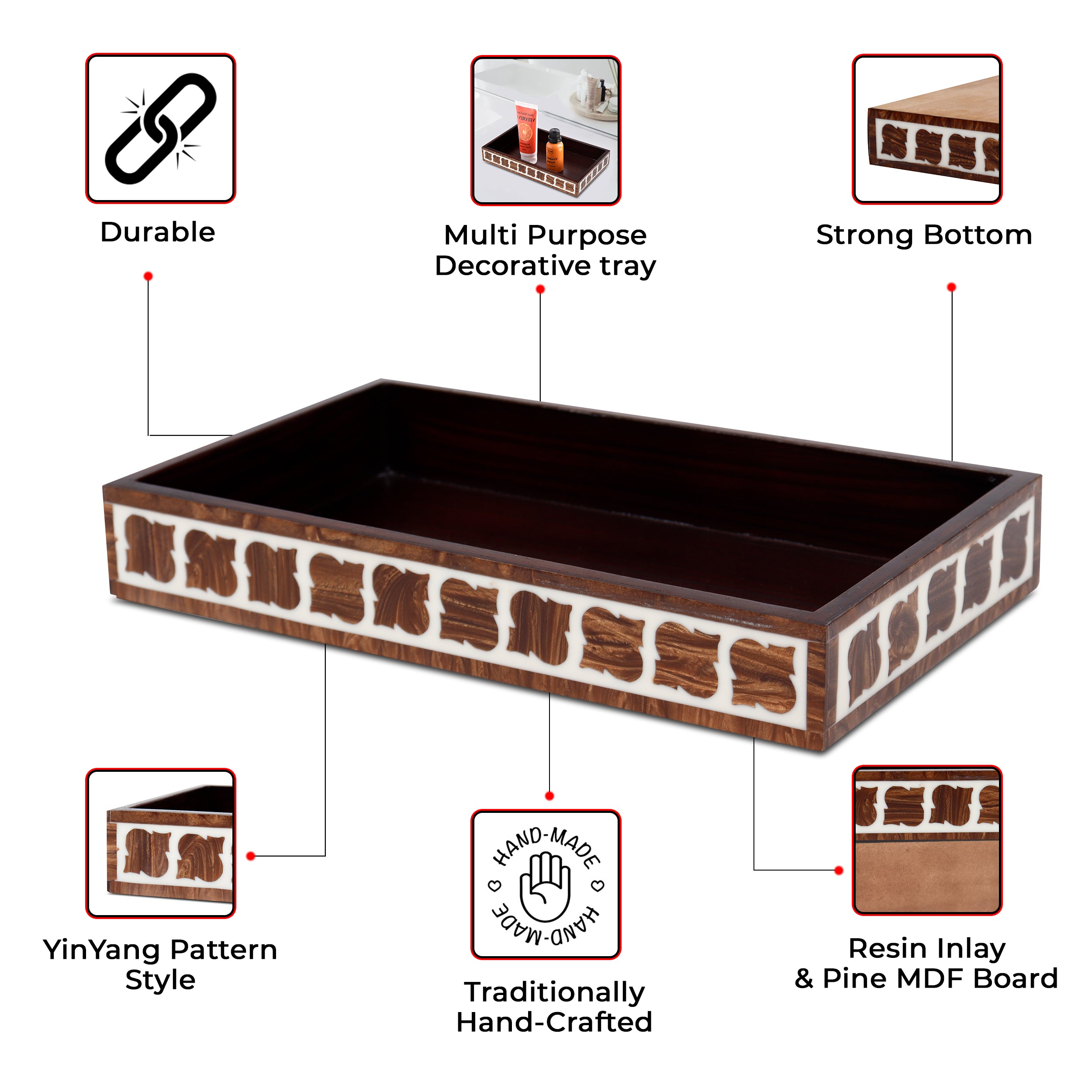 countertop and vanity tray handmade illusion yinyang-pattern 10x6 towel tray brown