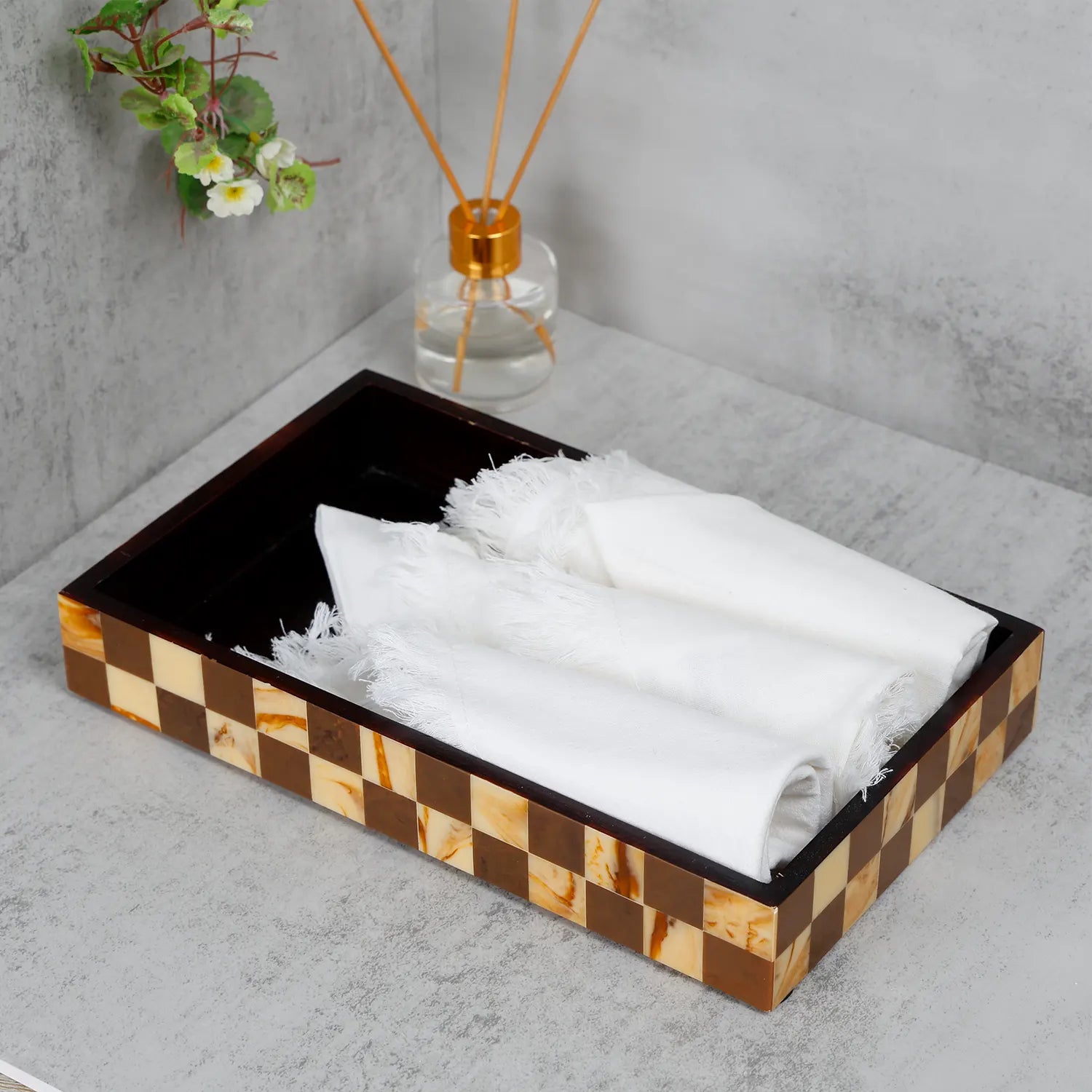 Vanity Tray Parlour Gambit Resin Inlay, Brown, 10" x 6"