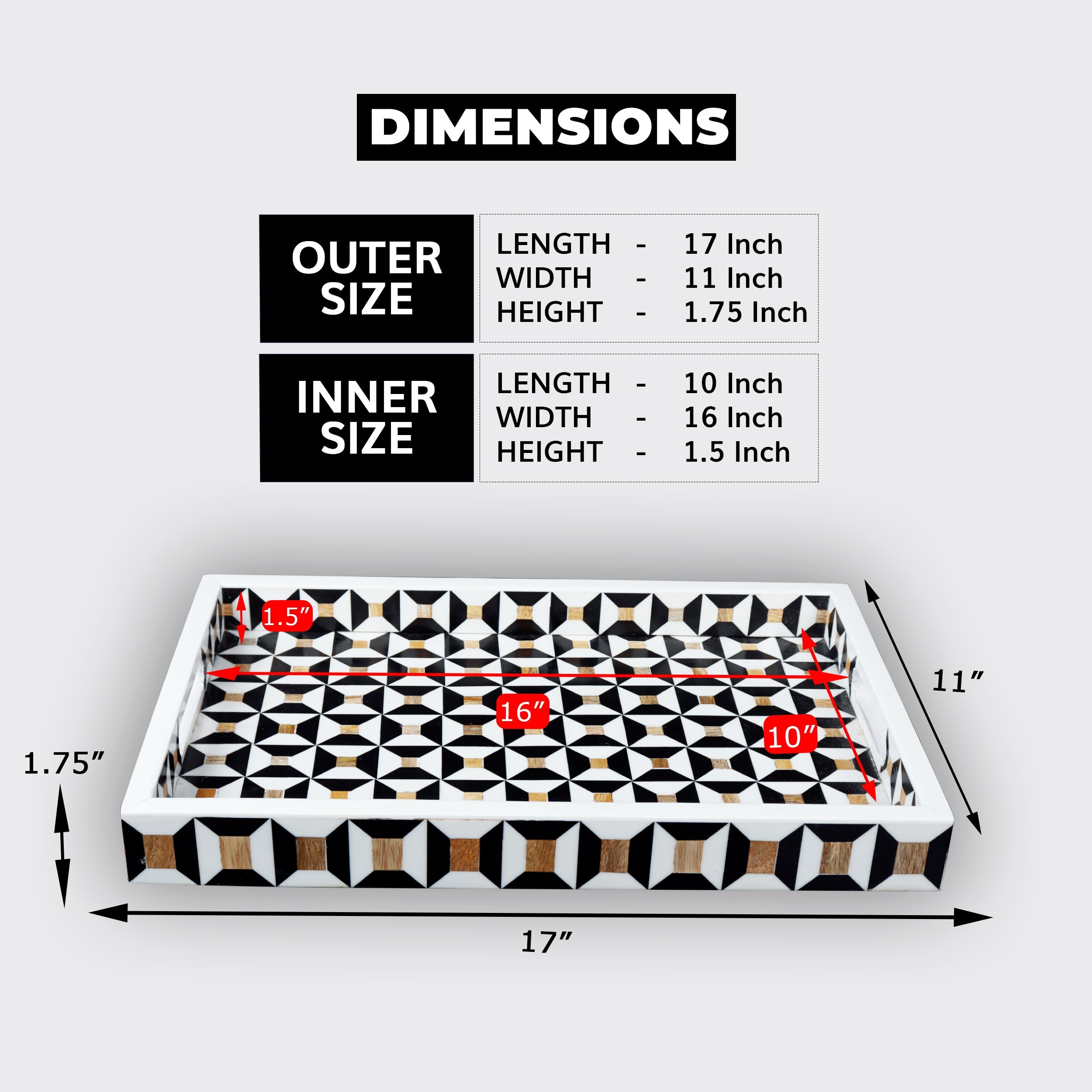 Decorative Tray Discovery Cypher Pattern Resin Inlay – 11" x 17", 12" x 12"