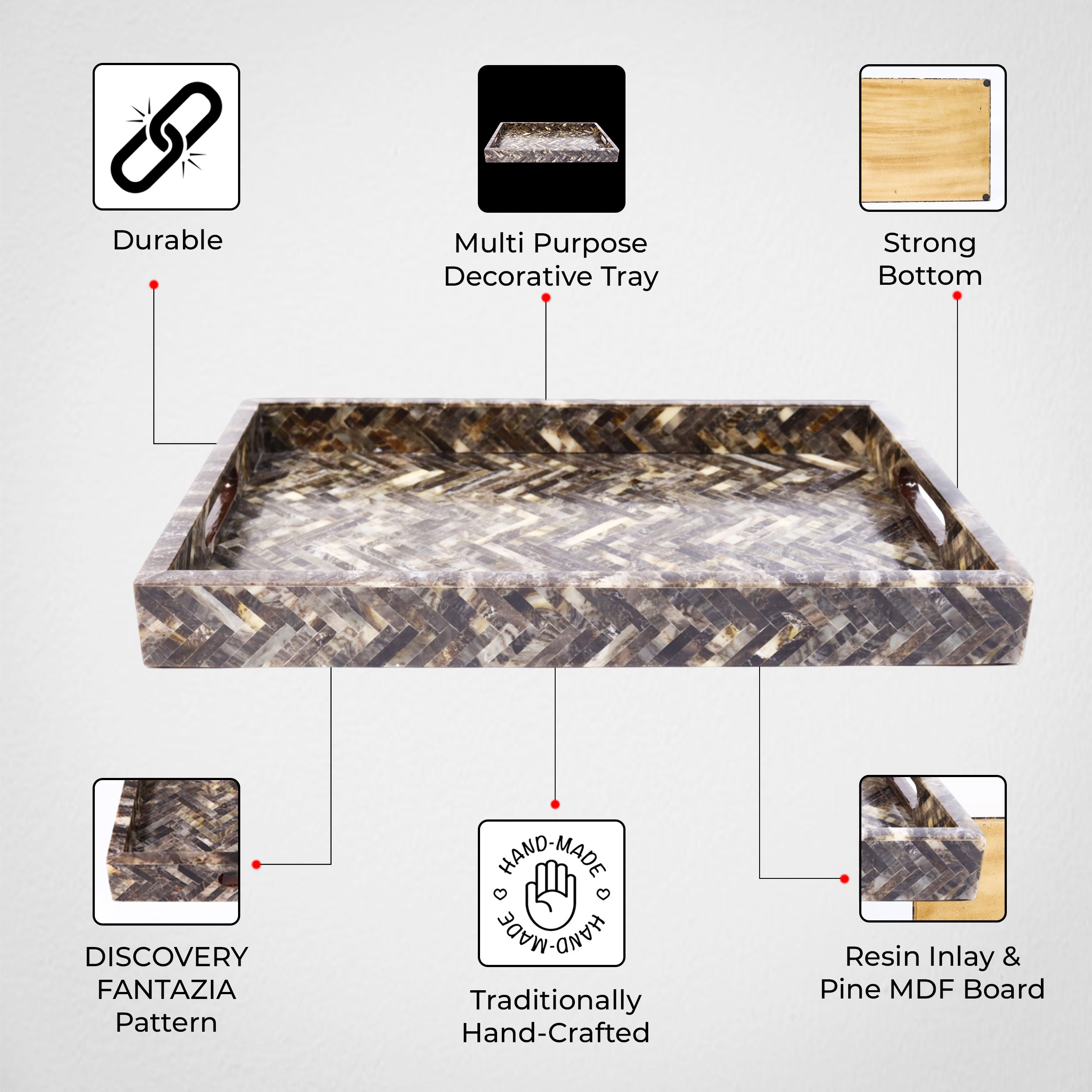 Decorative Tray Discovery Fantazia Brown Resin Inlay, 11" × 17", 12" × 12"