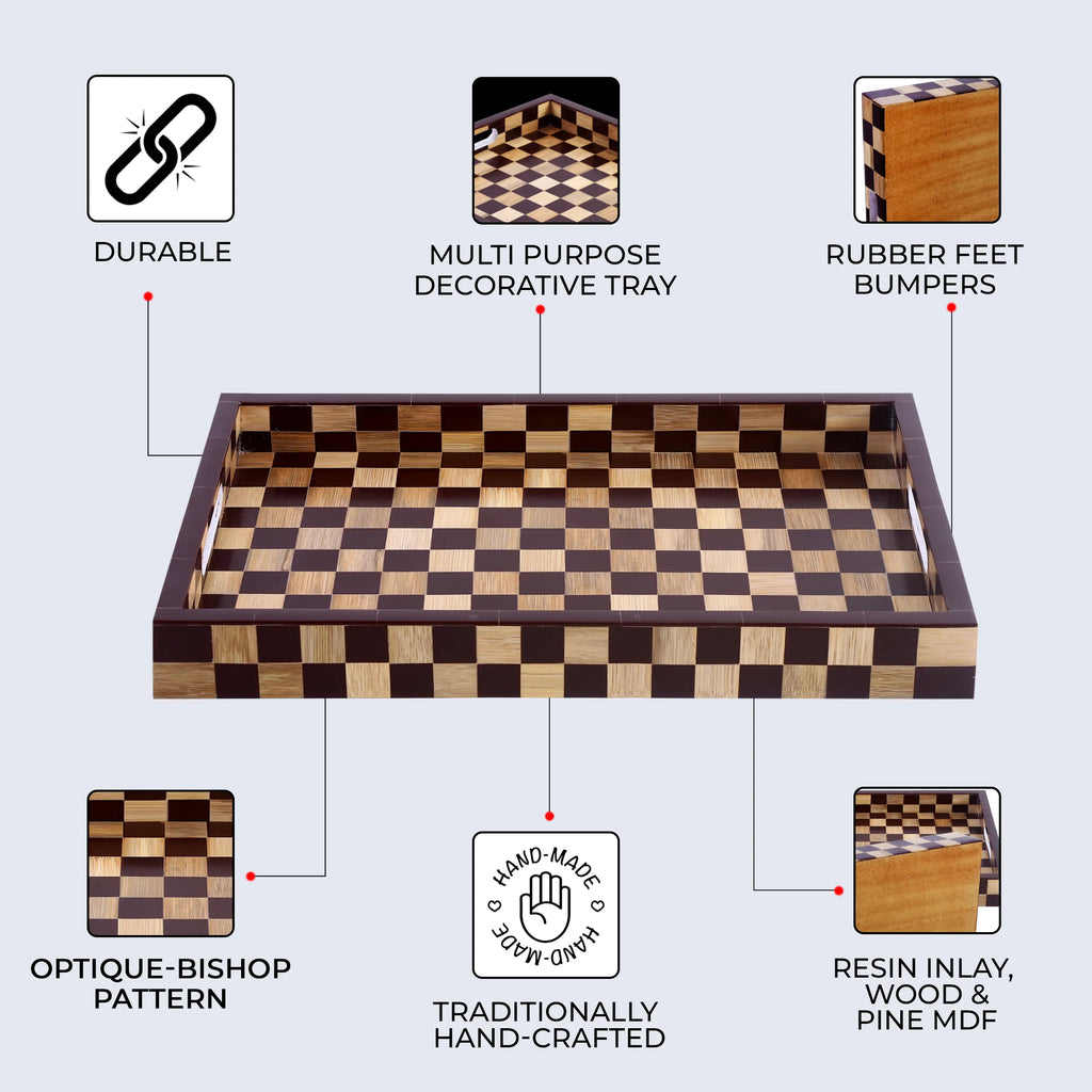 Decorative Tray Handmade Optique Bishop Inspired Wood & Resin Inlay, 11" x 17"