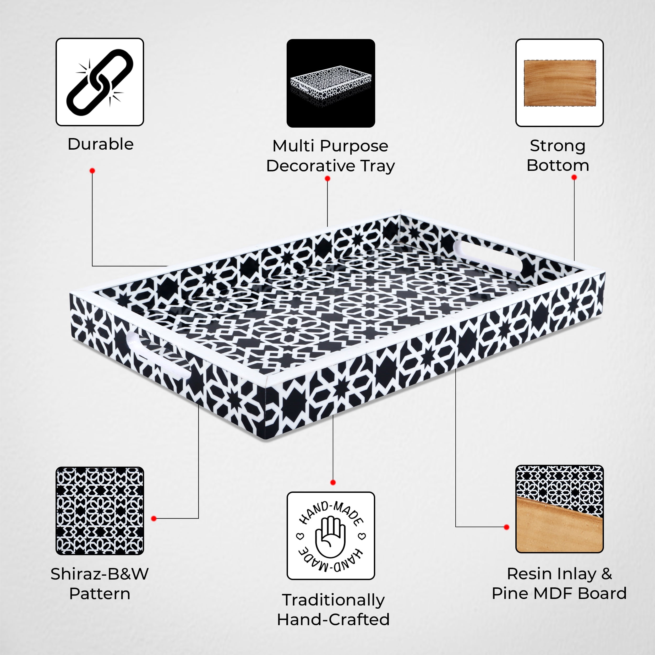 Decorative Tray Shiraz Black & White Resin Inlay – 11" × 17" & 12" × 12"