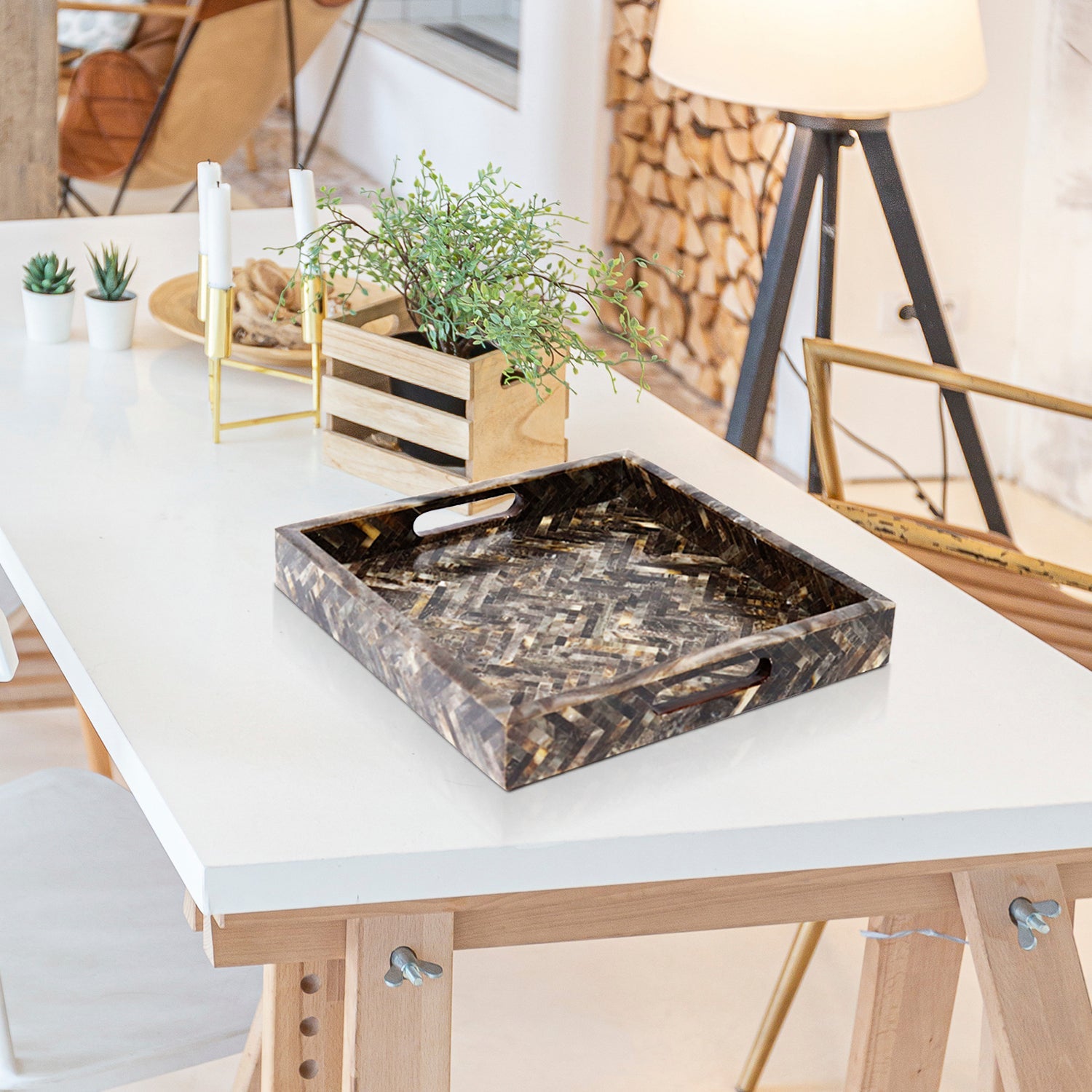 Decorative Tray Discovery Fantazia Brown Resin Inlay, 11" × 17", 12" × 12"