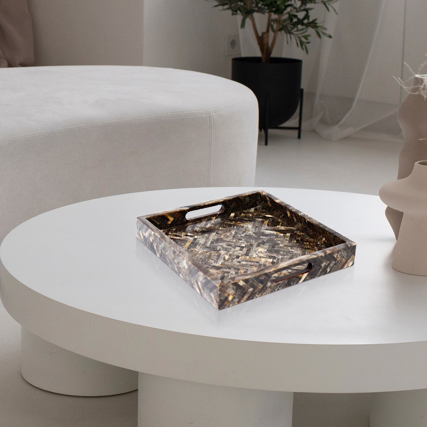 Decorative Tray Discovery Fantazia Brown Resin Inlay, 11" × 17", 12" × 12"