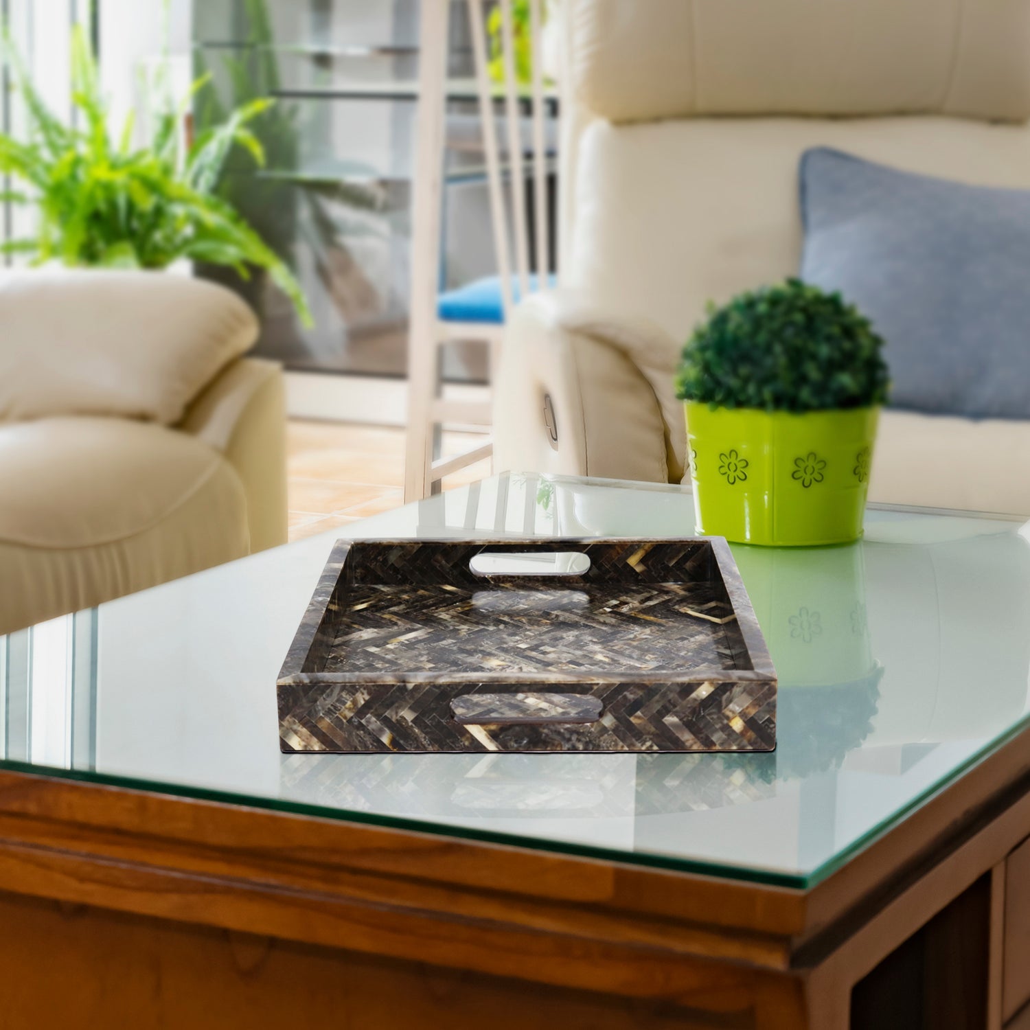 Decorative Tray Discovery Fantazia Brown Resin Inlay, 11" × 17", 12" × 12"